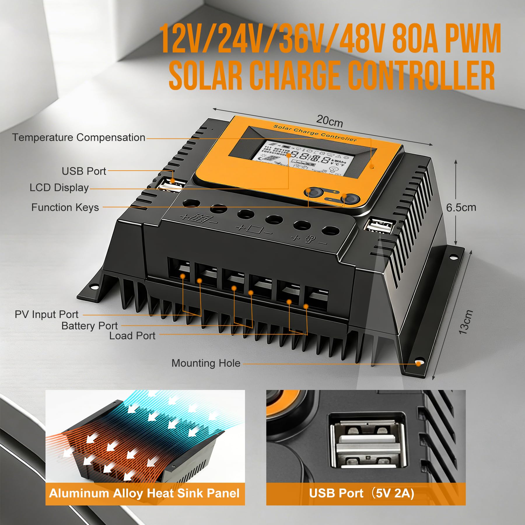 80A Solar Laderegler 12V 24V 36V 48V Mit Bluetooth, PWM 80A Solarladeregler mit Temperatursensor LCD Anzeige und 4 USB Ports,Geeignet 12V 24V 36V 48V LI SLD FLD GEL AGM Batterie