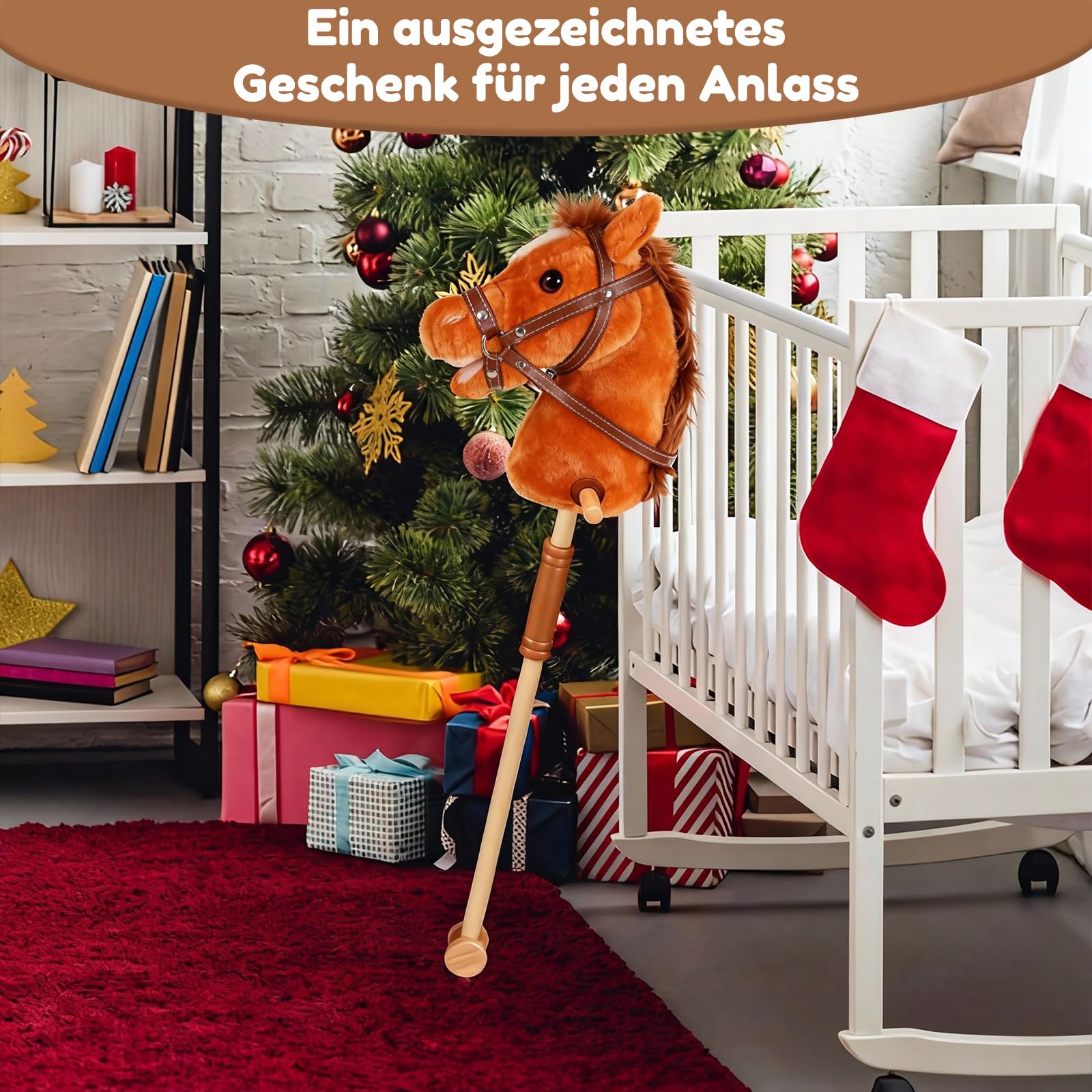 IEEILULU Hobby Horse, Steckenpferd Kinder Braun, Holzpferd für Draußen mit Hobby Horse Trense, Räder und Griffe für Garten, Geburtstag & Reitspiele (Braun)
