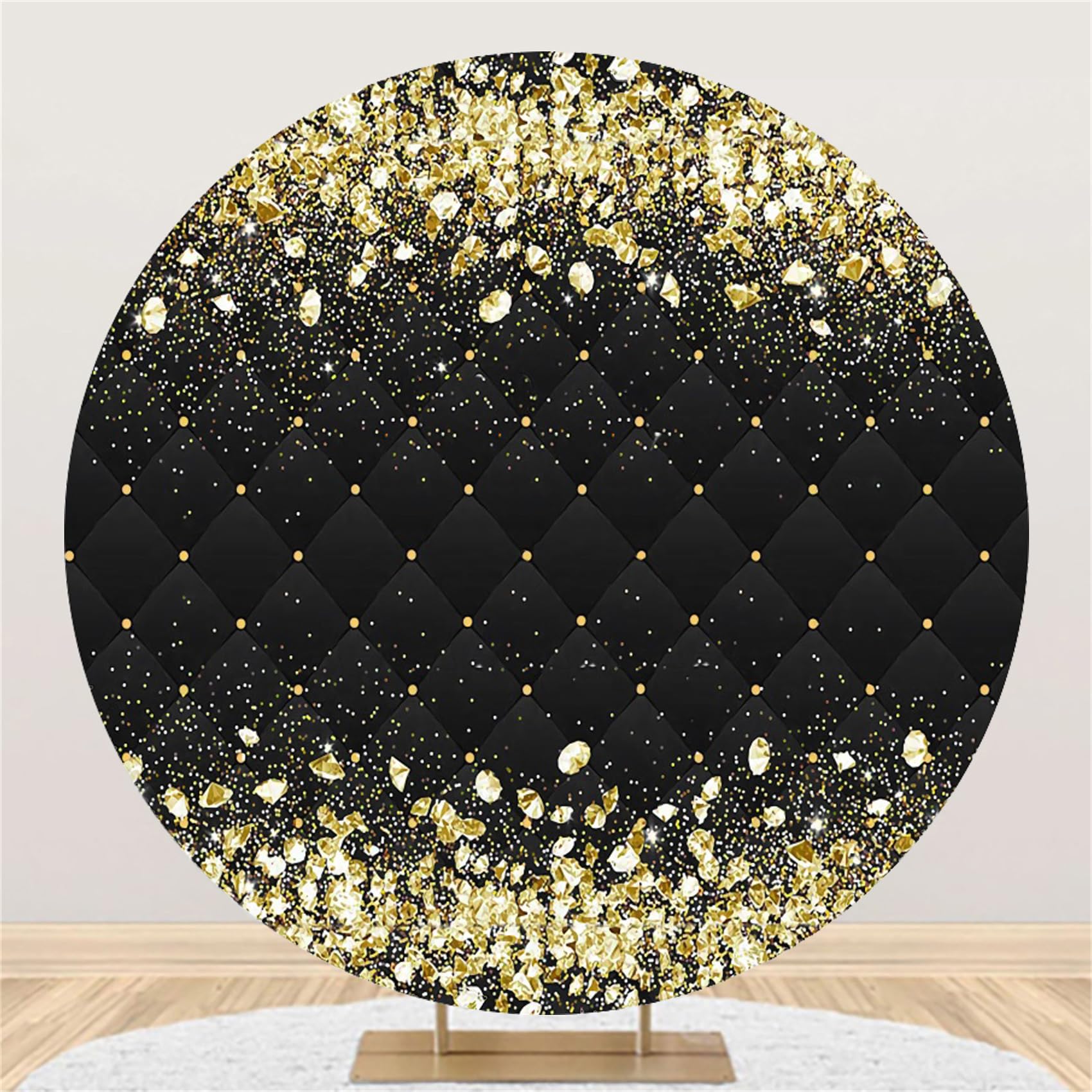 Renaiss 7.2x7.2ft Gold Black Royal Theme Round Backdrop Cover Diamonds Golden Black Prince Princess Circle Photography Background Royal Black Baby
