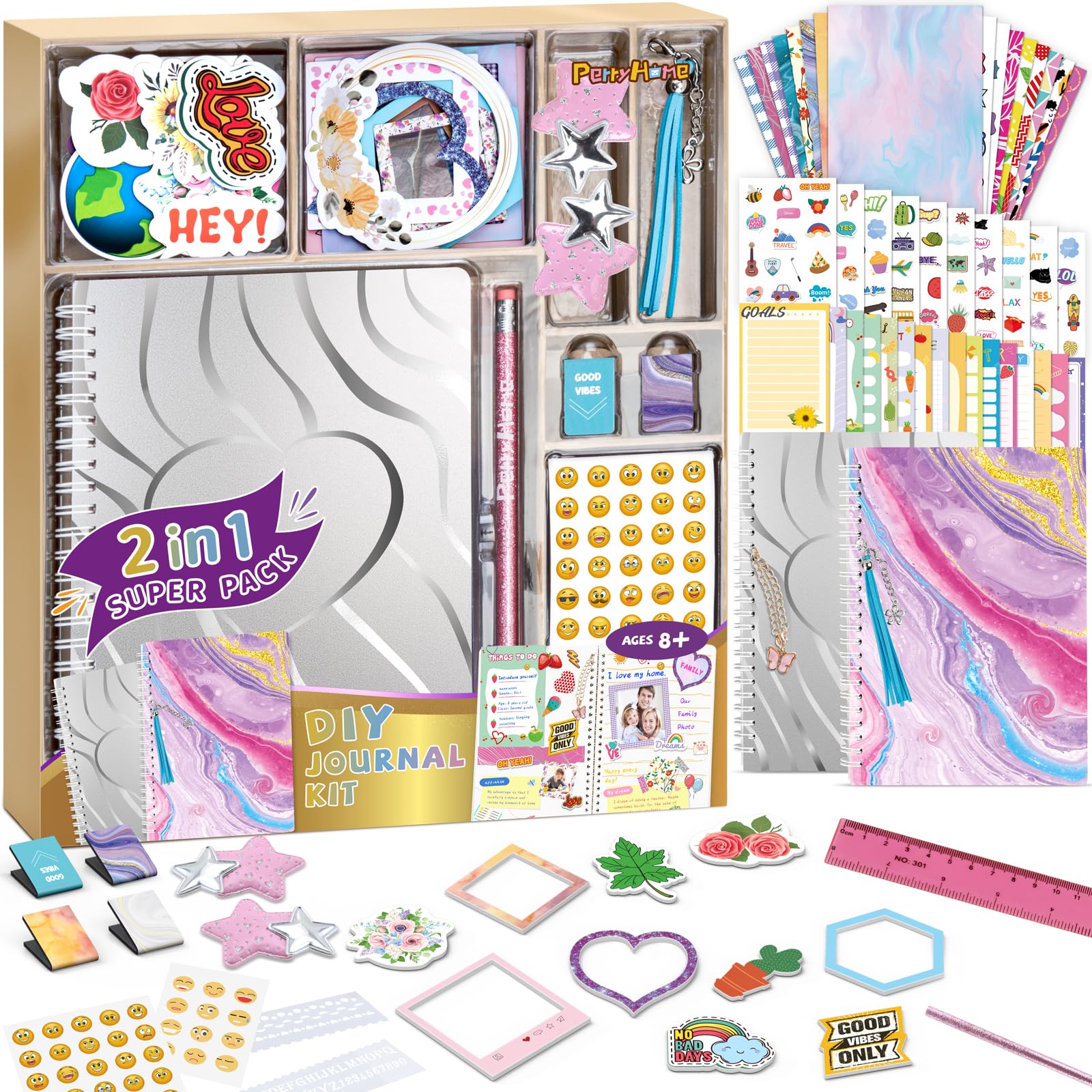 PERRYHOME 2-Pack DIY Journal Kit for Girls - 200+Pcs Journal Set for Teen & Tween Girls, Journaling Art & Crafts Kits, Easter Basket Stuffers, Birthday Gifts for 8 9 10 11 12 13 14 Year Old Girl