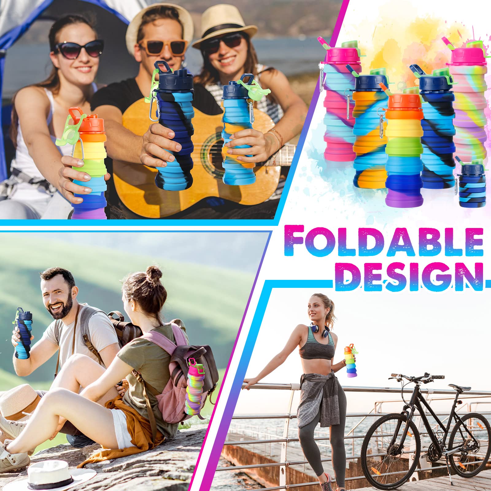 CHENGU Lot de 5 bouteilles d'eau pliables de 473 ml en silicone - Anti-fuite - Réutilisable - Avec clip en métal - Pour camping, randonnée, voyage (arc-en-ciel)
