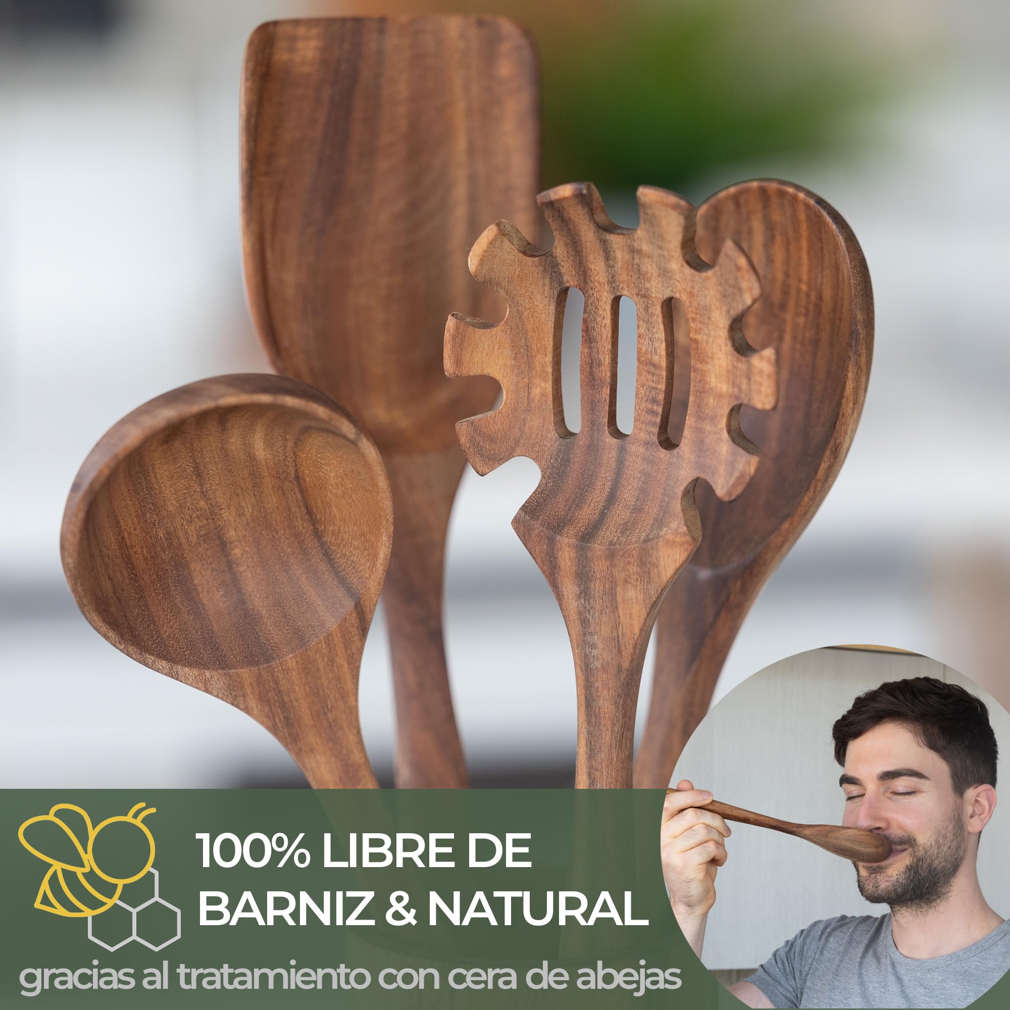 WALDWERK Utensilios de cocina madera teca – Set de 4 cucharas con espátula, cuchara de madera, cucharón para pasta y soporte – Accesorios cocina de madera – Utensilios cocina