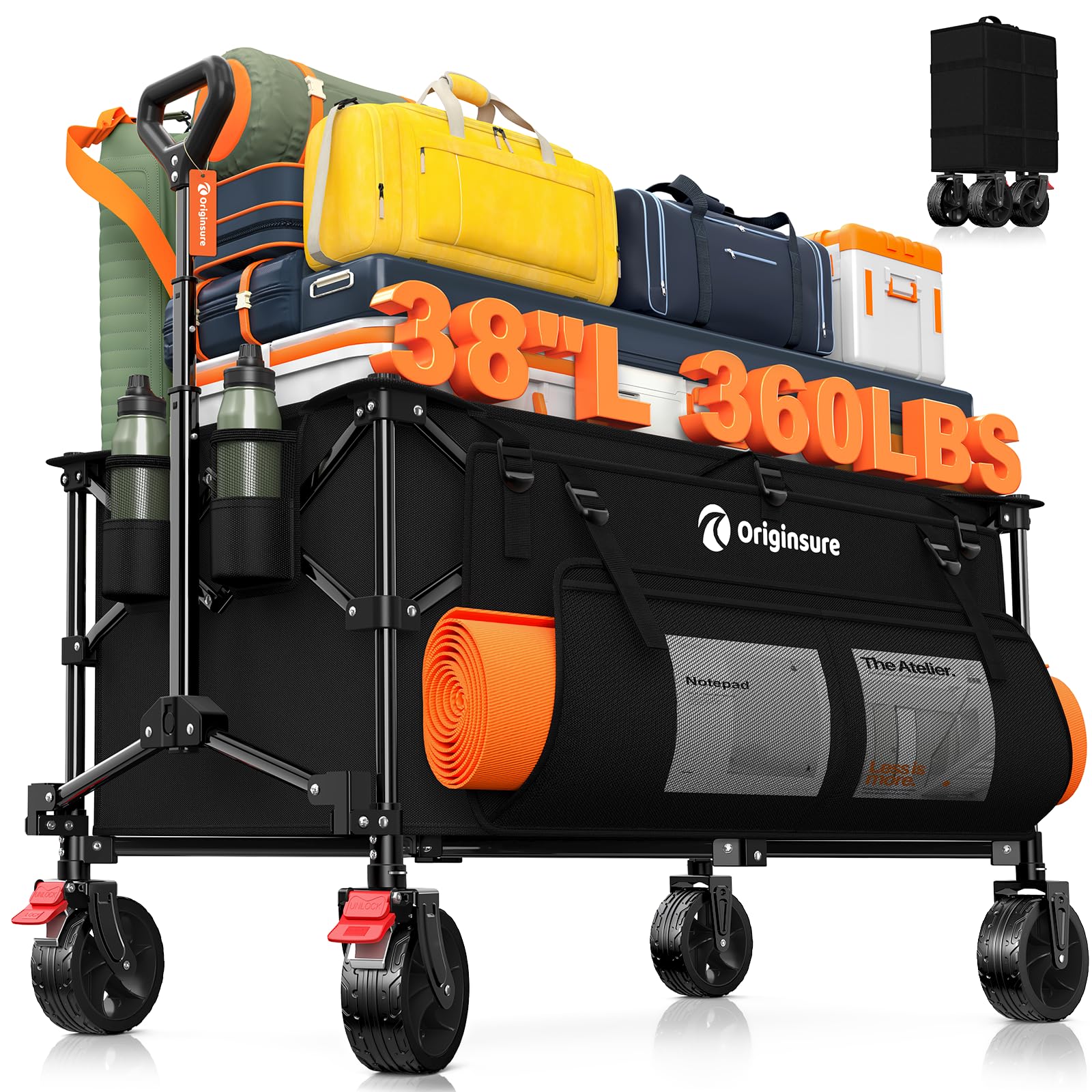 Originsure 220L Collapsible Wagon Cart Foldable, 38" L Extra Large Heavy Duty Folding Beach Wagons with All-Terrain Wheels, Utility Carts for Camping,