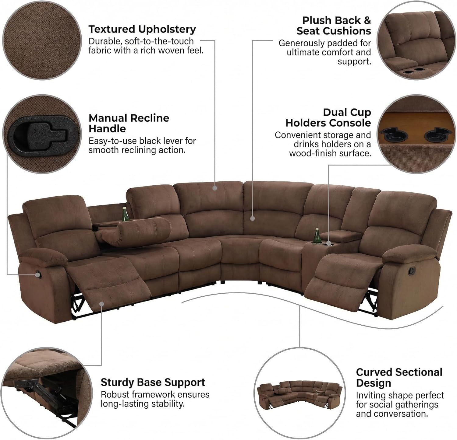 Couch Sets for Living Room, Manual Reclining Sectional Sofa with Storage Console and Cup Holders, Brown Fabric Corner Home Theater Furniture Set