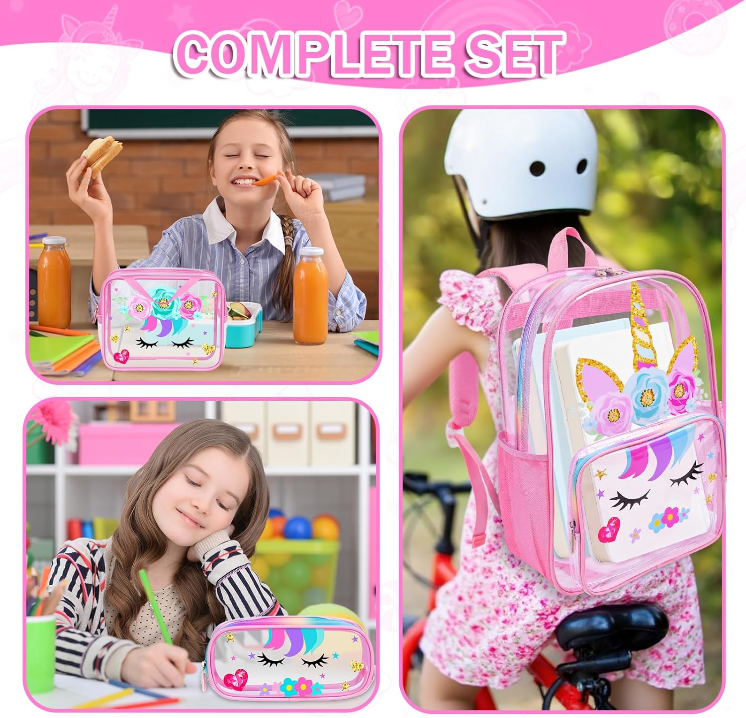 SHPMXUPW 3PCS Clear School Backpack for Kids - Unicorn Backpack for Girls 4-8, Heavy Duty Transparent Pink Bookbag with Lunch Bag and Pencil Case - See Through PVC Transparent Bookbag - Image 6