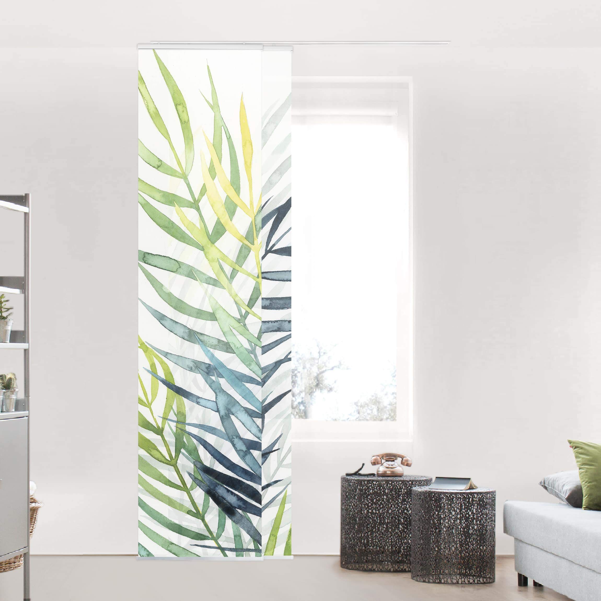 Schiebegardine halbtransparent 60er Paneel Klett Blumen Textil lichtdurchlässig - Pflanzen Aquarell Flächenvorhang Weiss Wohnzimmer Schlafzimmer 2046 (120x250 cm - 2er Set)