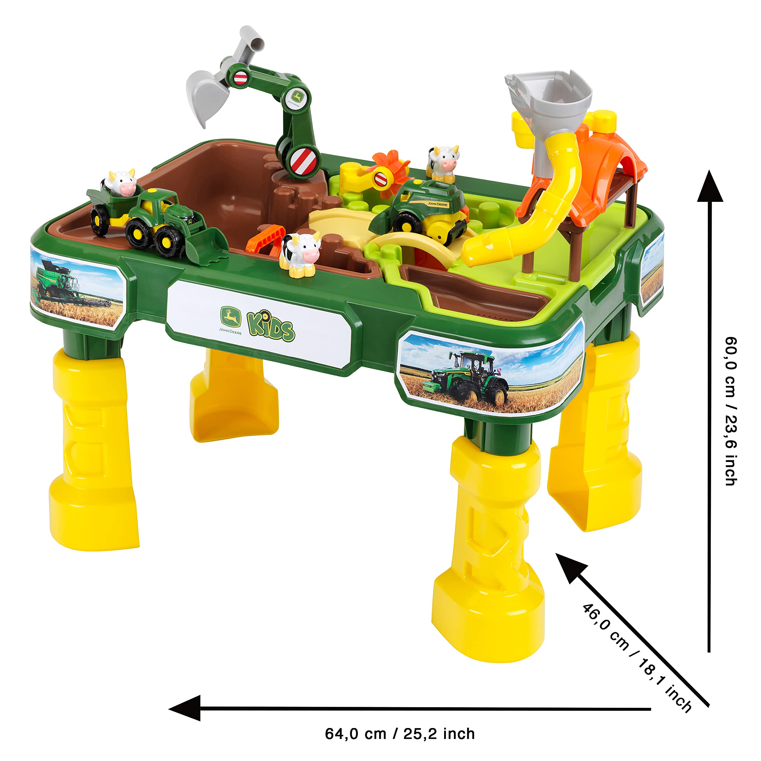 Theo Klein 3948 John Deere Farm Sand-Spieltisch, Wasser-Spieltisch I Mit Bauernhof-Tieren und Fahrzeugen I Wasser- und Sand-Becken I Maße: 64 cm x 46 cm x 60 cm I Spielzeug für Kinder ab 18 Monaten