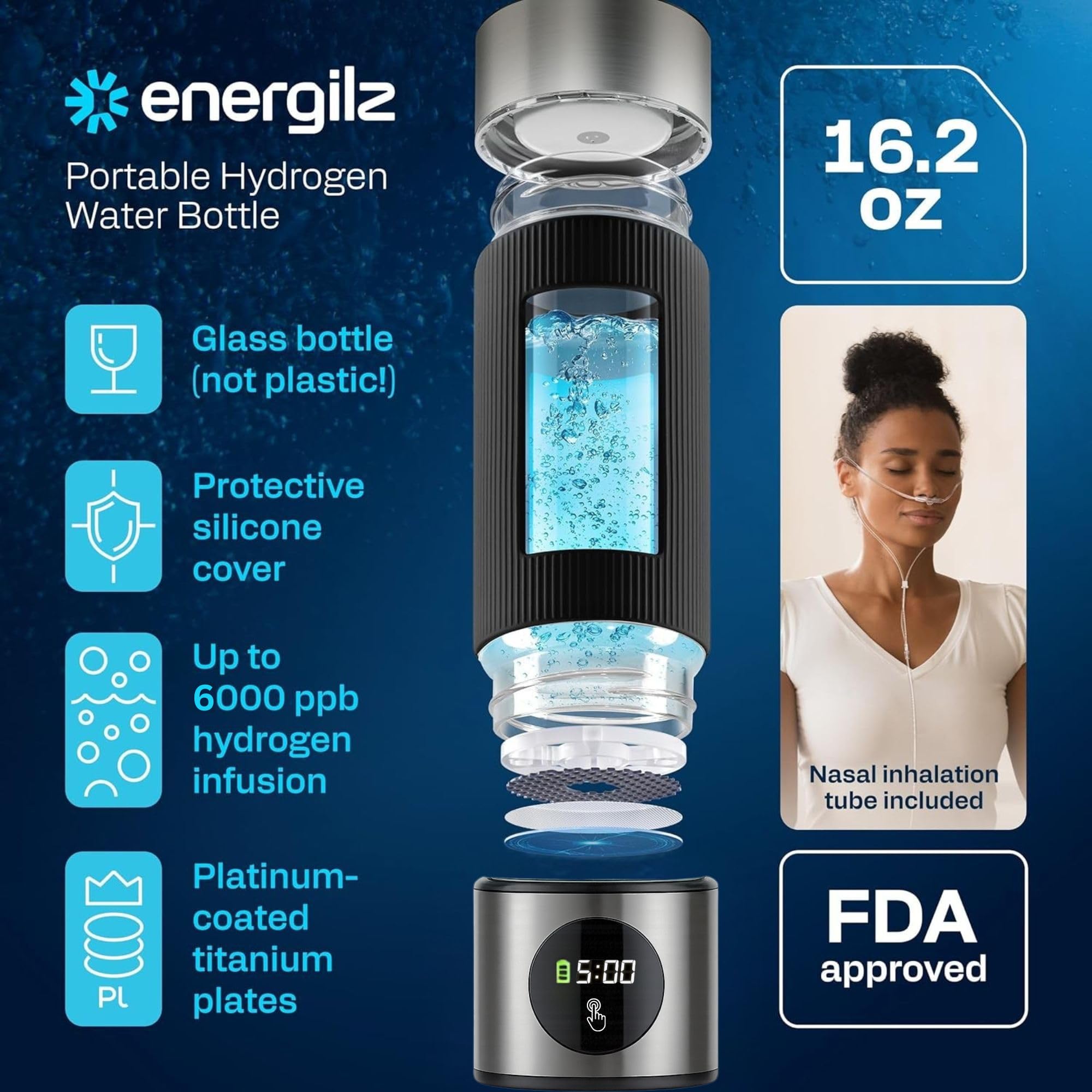 Bottiglia d'acqua idrogeno | Generatore di acqua idrogeno da 480 ml | Macchina idrogenatore 6000 PPB | Generatore ionizzatore SPE/PEM (argento)