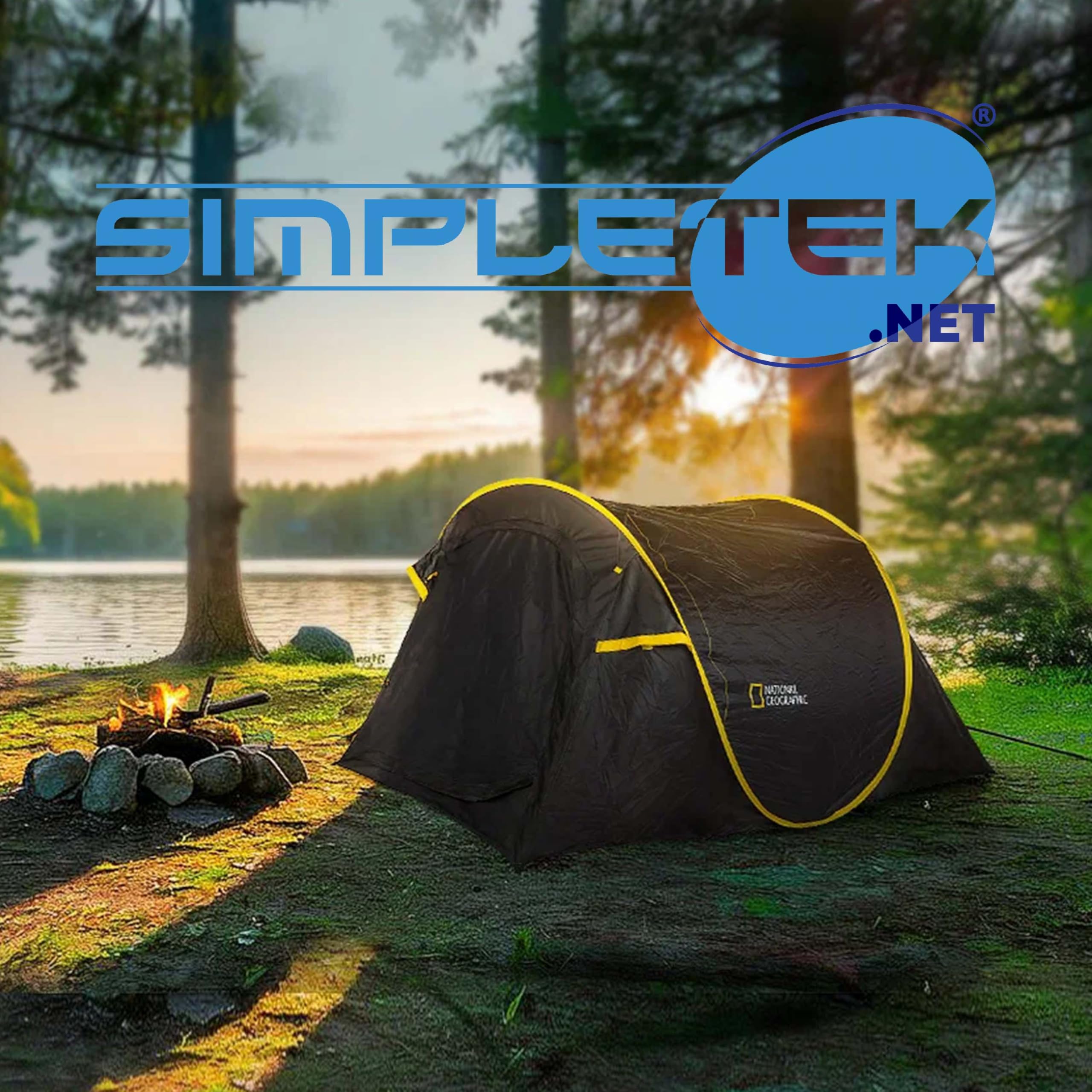 National Geographic – 2 Pezzi Tenda da Campeggio a Igloo per 2 Persone | Facile da Montare con Pop-Up Veloce | Impermeabile, Parasole, 3 Punti di Ventilazione | Nero e Giallo