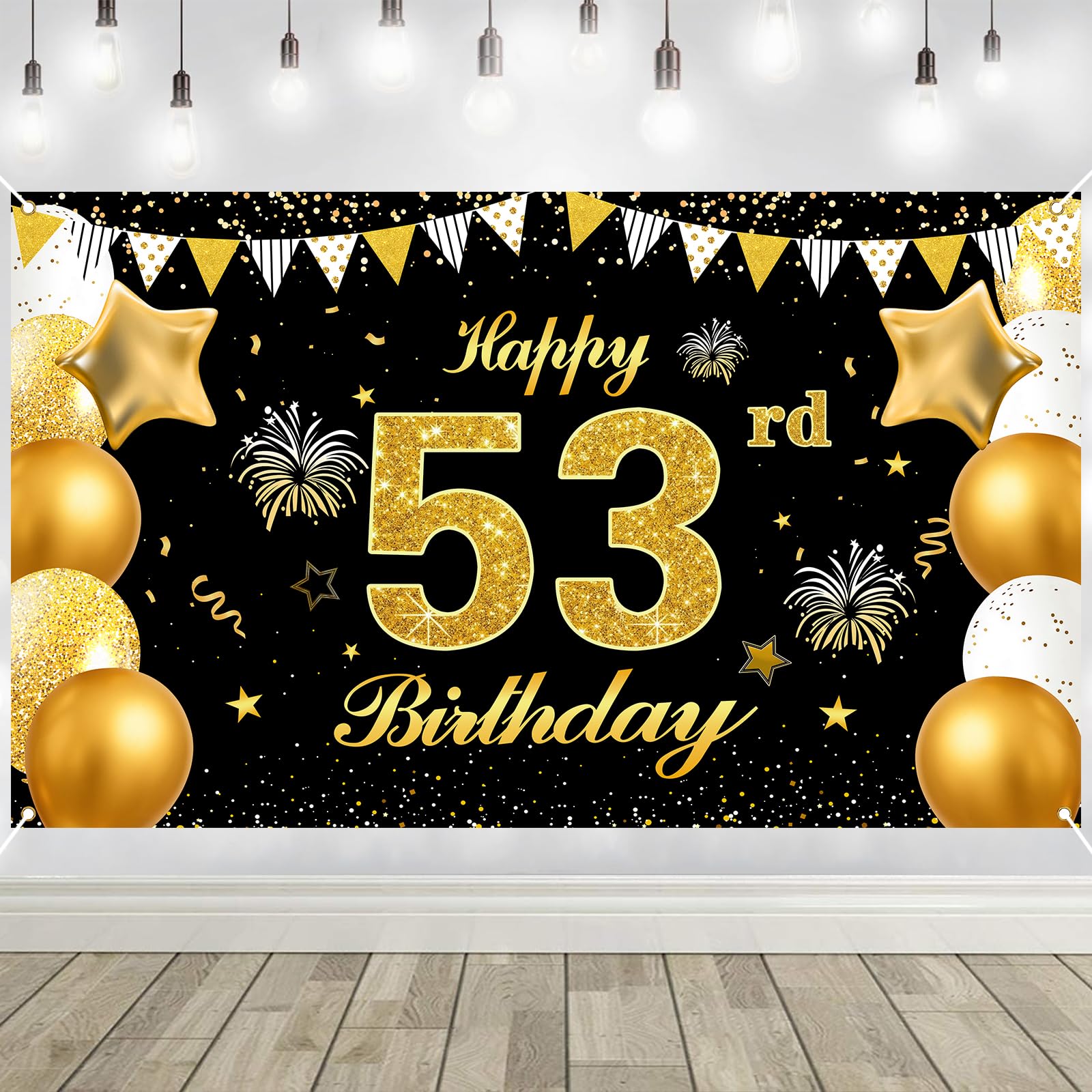 53rd Birthday Decorations Banner Gold Black Happy Birthday Door Banner for Party Photo Backdrop for Men Women Home Outdoor Cover Party Decoration Supplies Poster