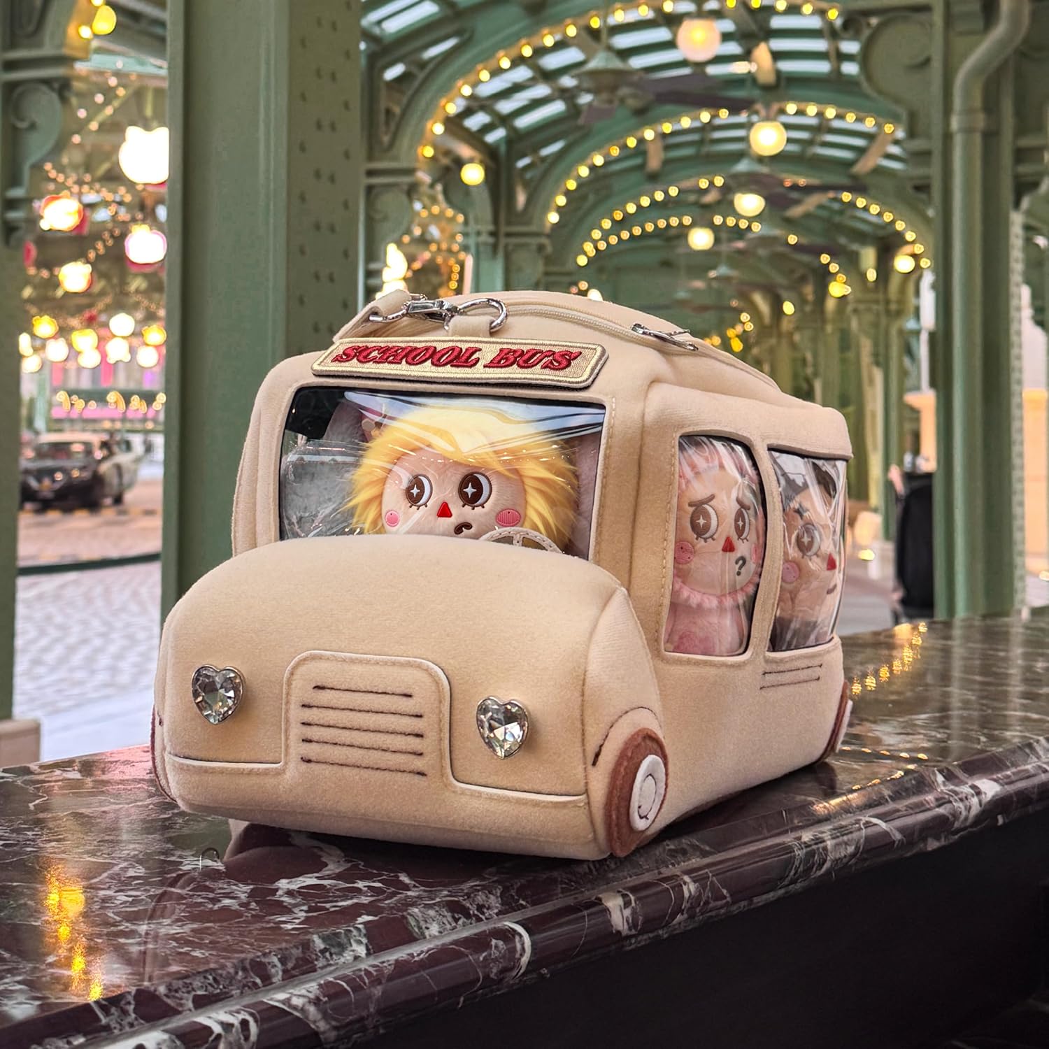 Soft Display Case Compatible with Labubu Dolls (Doll Not Included), Bus-Shaped Bag Fits Plush Figures up to 7 Inches Tall, with Clear Windows, Includes Adjustable Strap, Plushies Accessories