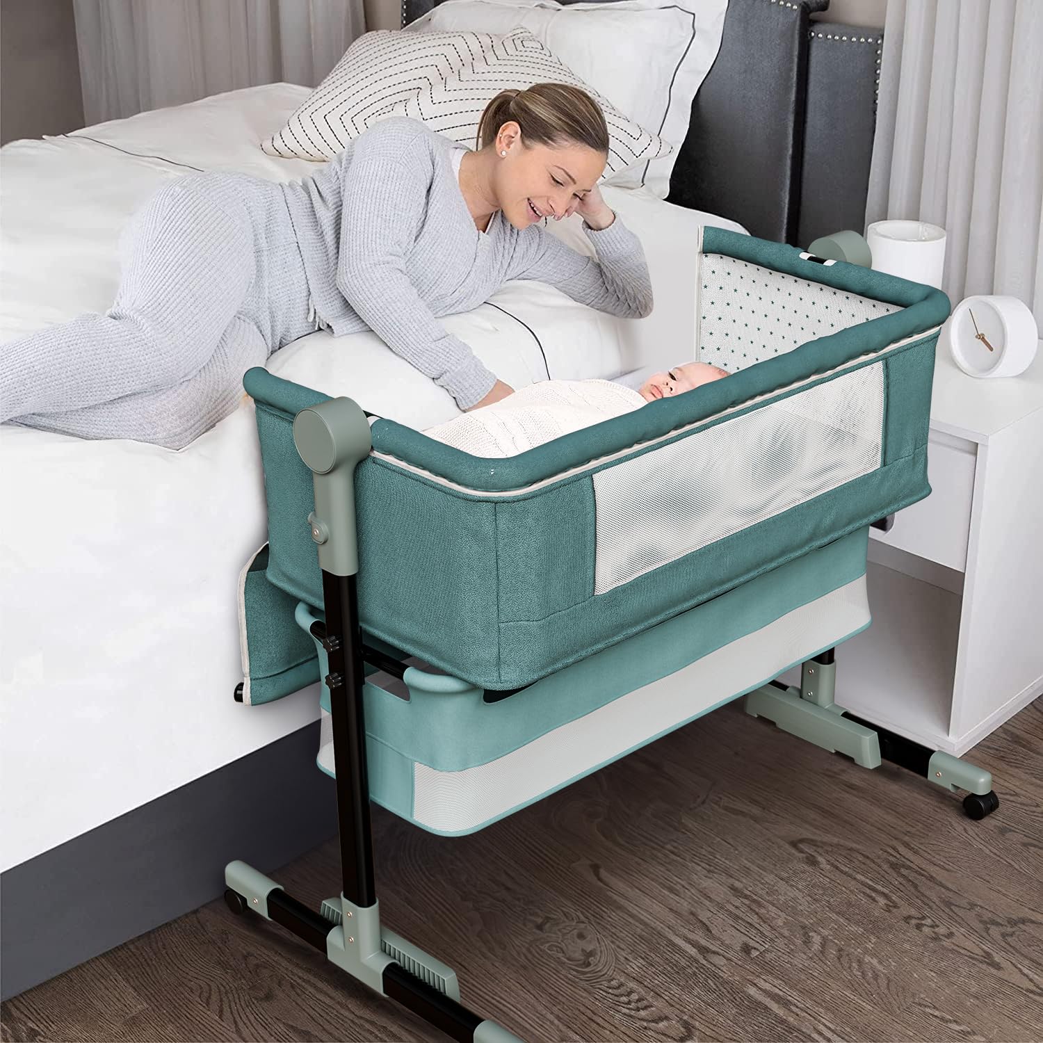 Bedside Baby Bassinet - Newborn Bassinet Bed with Adjustable Height, Storage Basket, and Comfy Mattress - Lightweight Next To Me Crib, Portable Arms Reach Co Sleeper Bassinet for Infant