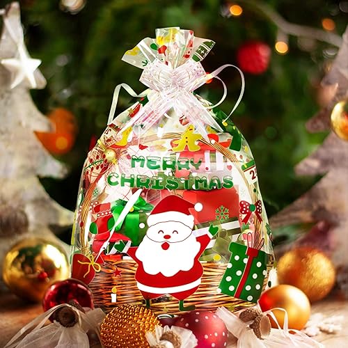 Miniatura 2 de WeDoSoy 10 Pcs Christmas Cellophane Baskets Gift Bags Large 16x24 inch with 10pcs Christmas Bows for Gift Wrapping Holiday Party Supplies