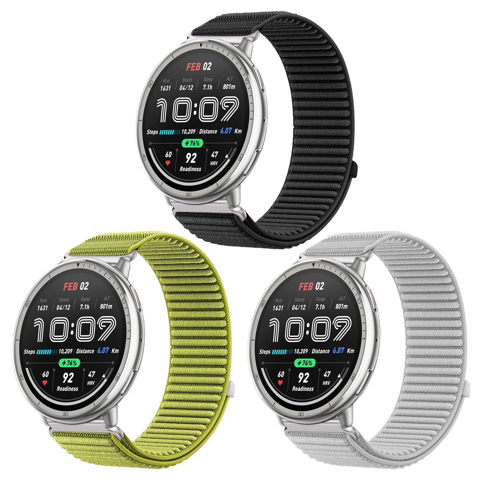 SUGARJAR 3 Pack Straps with Active/Active 2/ GTS/GTS 2/2e/GTS3/GTS 4/GTS 4 Mini/GTR Mini, 20mm Nylon Replacement Bands for Bip/Bip U/BipU Pro/Bip 3/Bip 3 Pro/Pop Pro