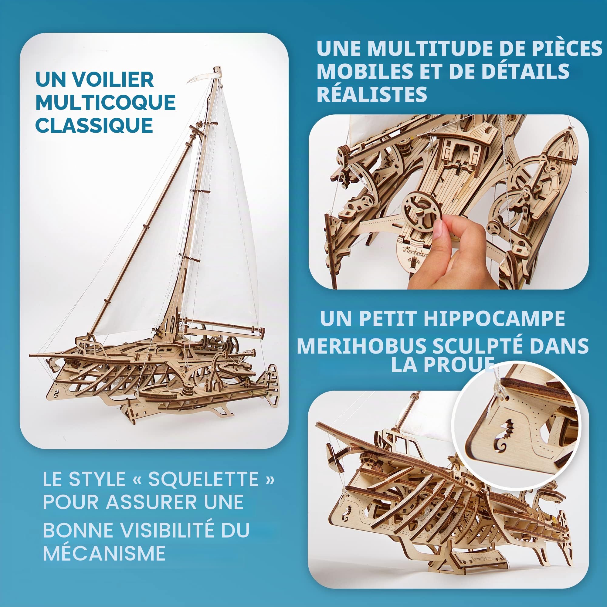 UGEARS Trimaran Merihobus Modèle 3D en Bois - Puzzle A Encastrement Adulte - Miniature Mécanique - Puzzle à Construire - Jeu Educatif Enfant - Casse Tete Kit De Construction 3D - De Collection
