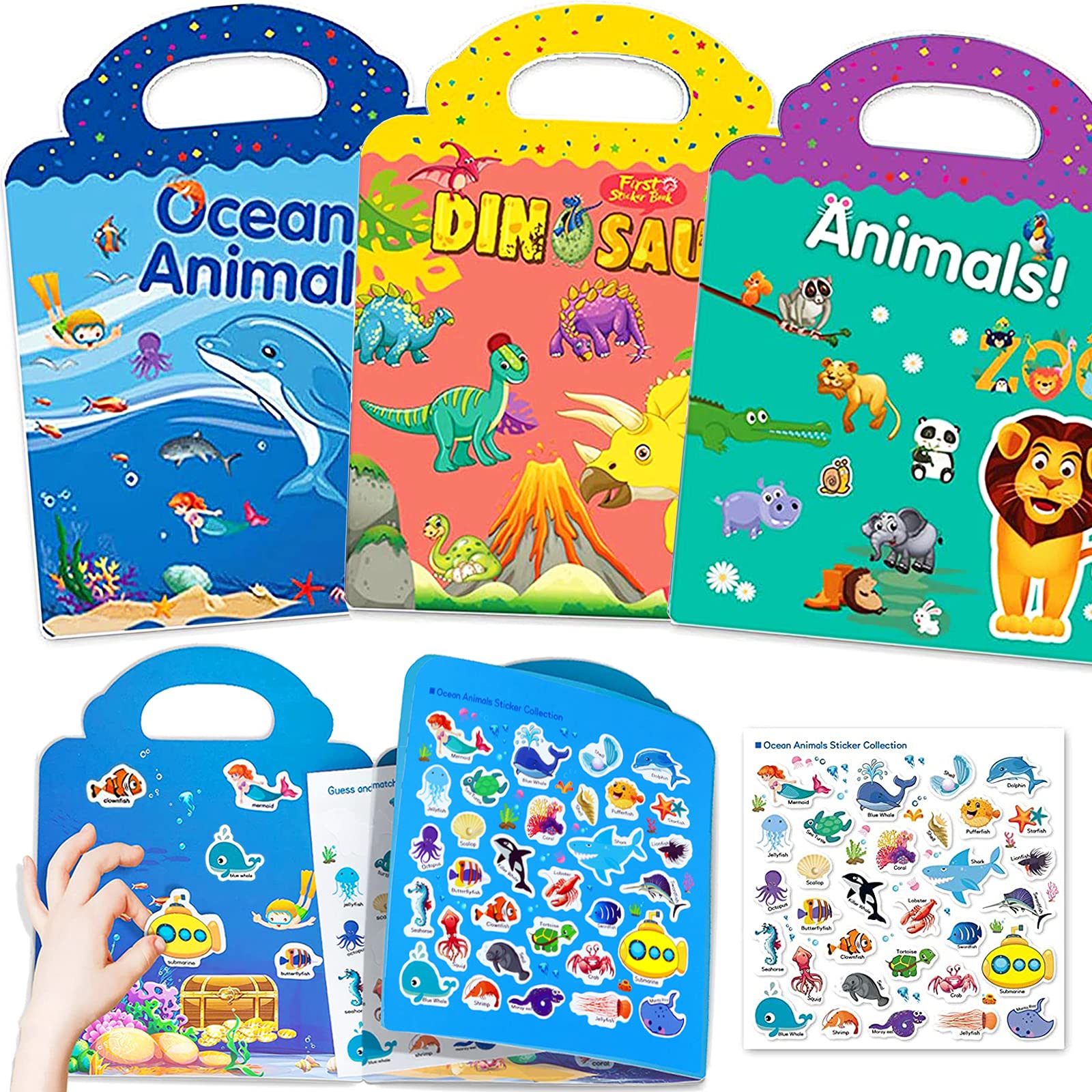 Reusable Sticker Books for Kids, 3 Sets Travel Removable Toddler Sticker Books for 3 4 5 Year Old Girls Boys Birthday Gifts Educational Learning Toys for Age 3-5 - Ocean & Zoo Animals, Dinosaur