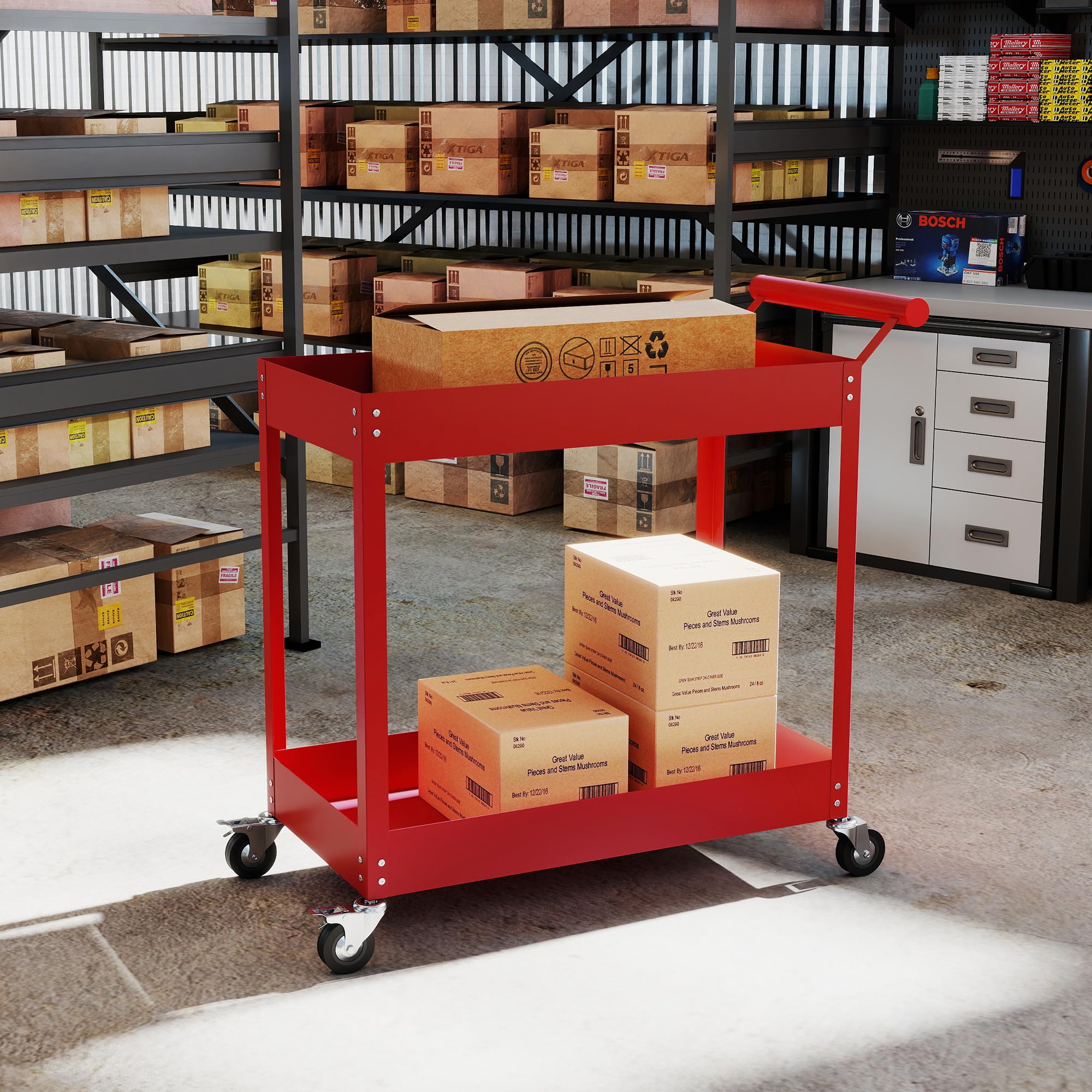DURHAND Chariot d'atelier servante Atelier Chariot à Outils à 2 Niveaux, poignée latérale et roulettes verrouillables, pour Garage, entrepôt, Outils de Bricolage, Charge 150 Kg, 84,5x38x84cm, Rouge