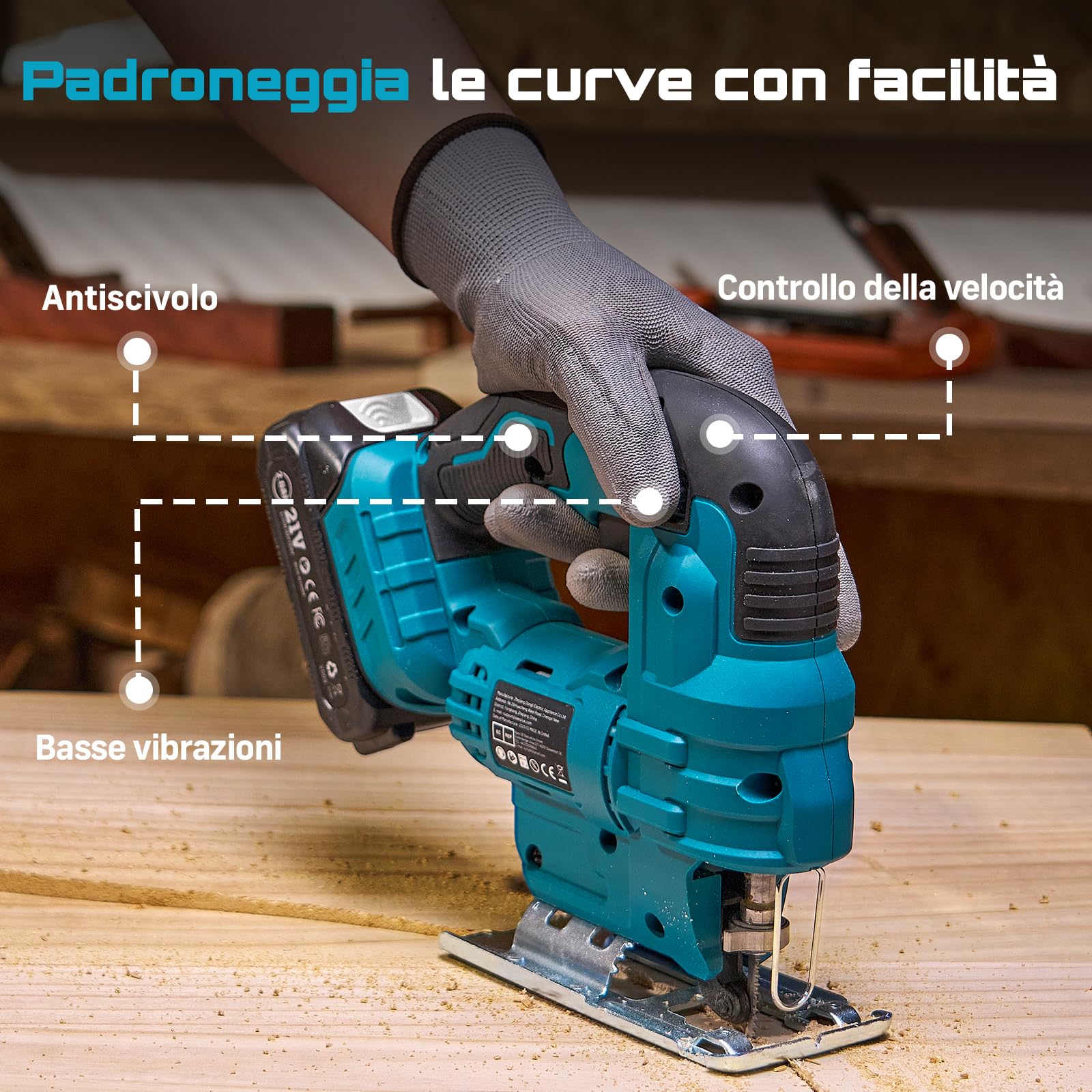 Seesii Sierra de Calar sin Cable 21V, Sierra de Calar Eléctrica con 2× 2.0Ah Baterías, 2800RPM Velocidad Variable para Cortar Madera, Cortes Biselados 0°-45°, Luz LED, 4 Ajustes Orbitales