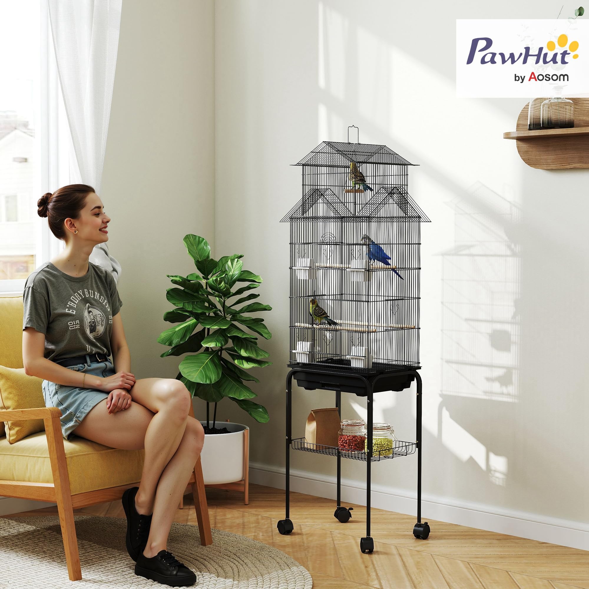 PawHut Jaula para Pájaros con Ruedas Pajarera de Acero 50,5x41x163 cm con Comederos Perchas Columpio y Bandeja Extraíble Jaula Grande para Loros Canario Periquito Negro