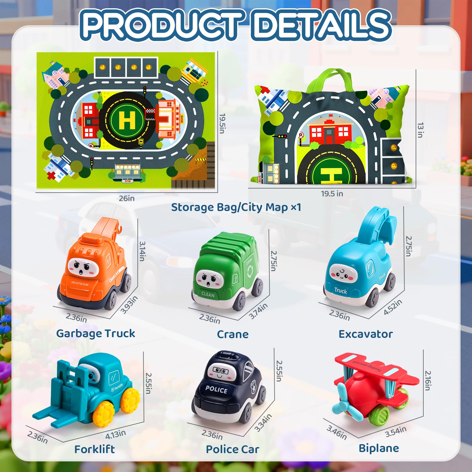 lerrbo 6 PCS Cartoon Lastwagen Auto Spielzeug mit Kräne/Spielmatte/Aufbewahrungstasche|Spielzeug ab 1 Jahr|Babyspielzeug für 1+ Jahre Alten Jungen|Geschenk 1 Jahr Junge