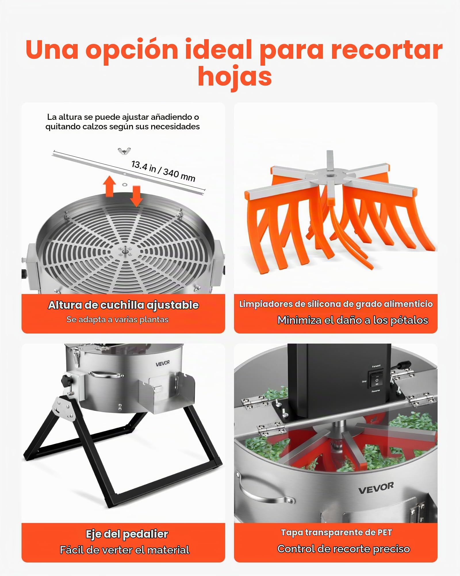 VEVOR Recortadora de Cogollos Eléctrica 370 mm con Cuchilla de Acero Inoxidable Cortador Hidropónico en Seco y Húmedo con Tapa Transparente y Bolsa de Recolección para Brotes, Hierbas Aromáticas
