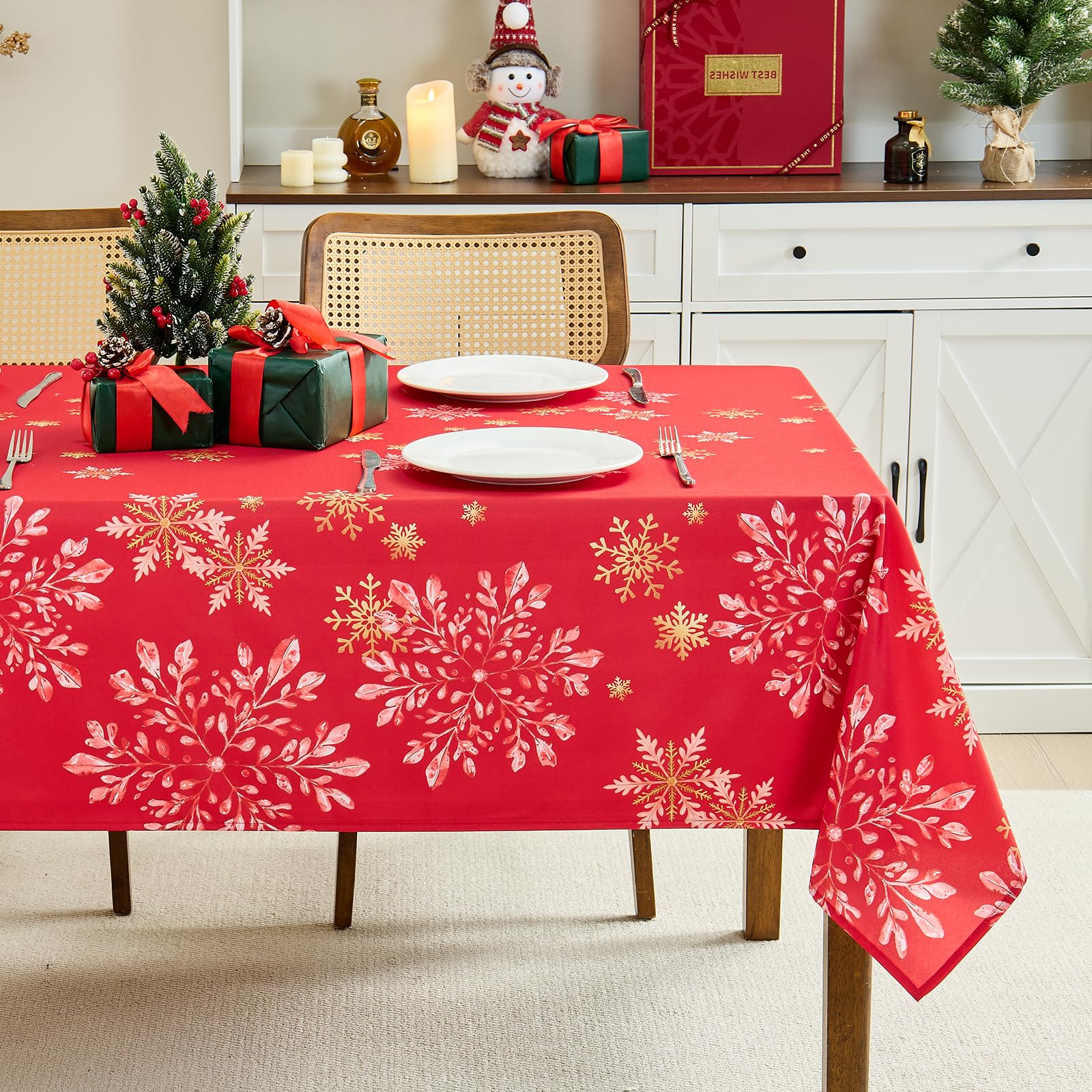 Weihnachtstischdecke Tischdecke Abwaschbar Schneeflocke 150 x 305 cm Rot