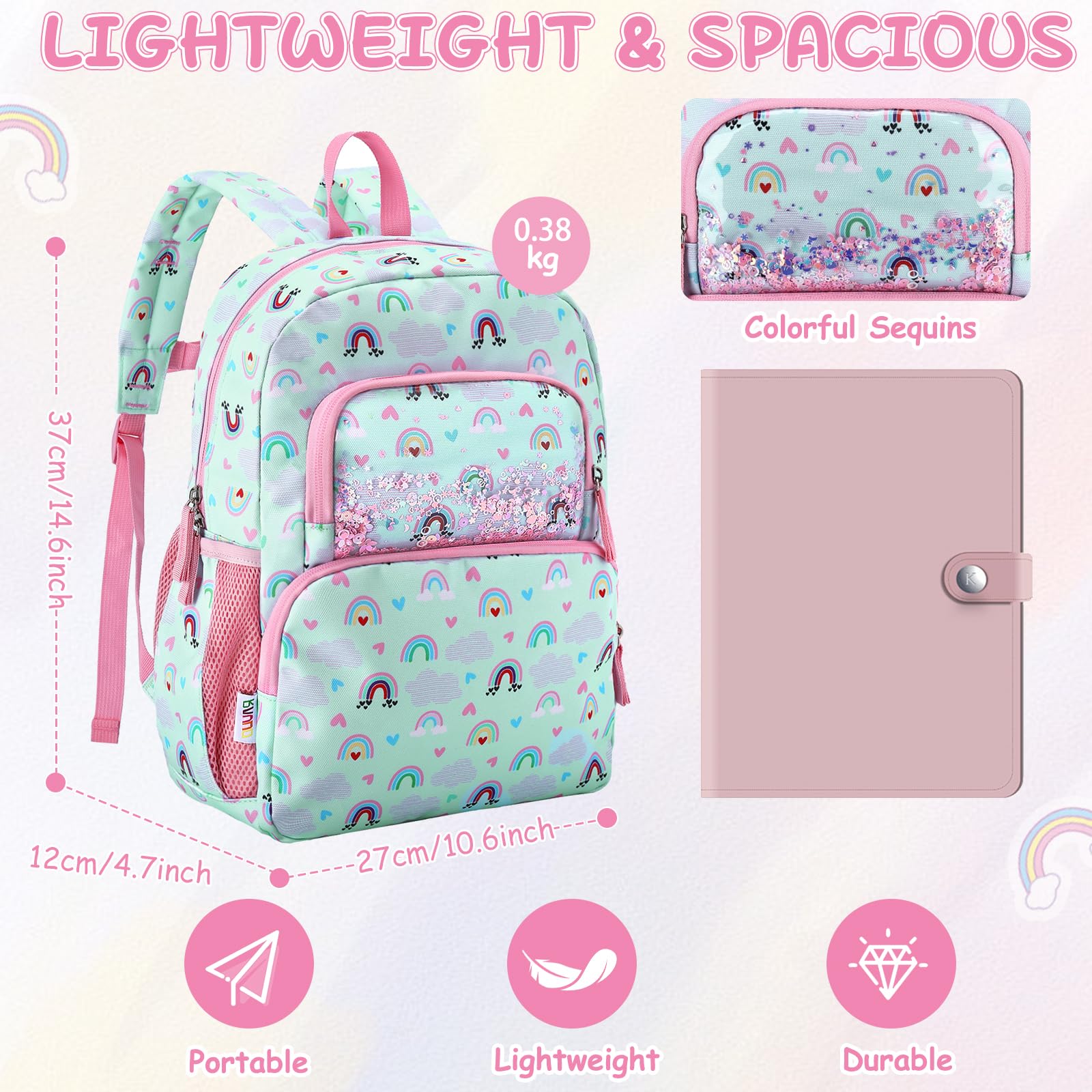 RAVUO Mochila Niña 4-6 Años,12L Mochila Escolar Infantil Impermeable con Correa de Pecho para Guardería y Primaria Arcoíris