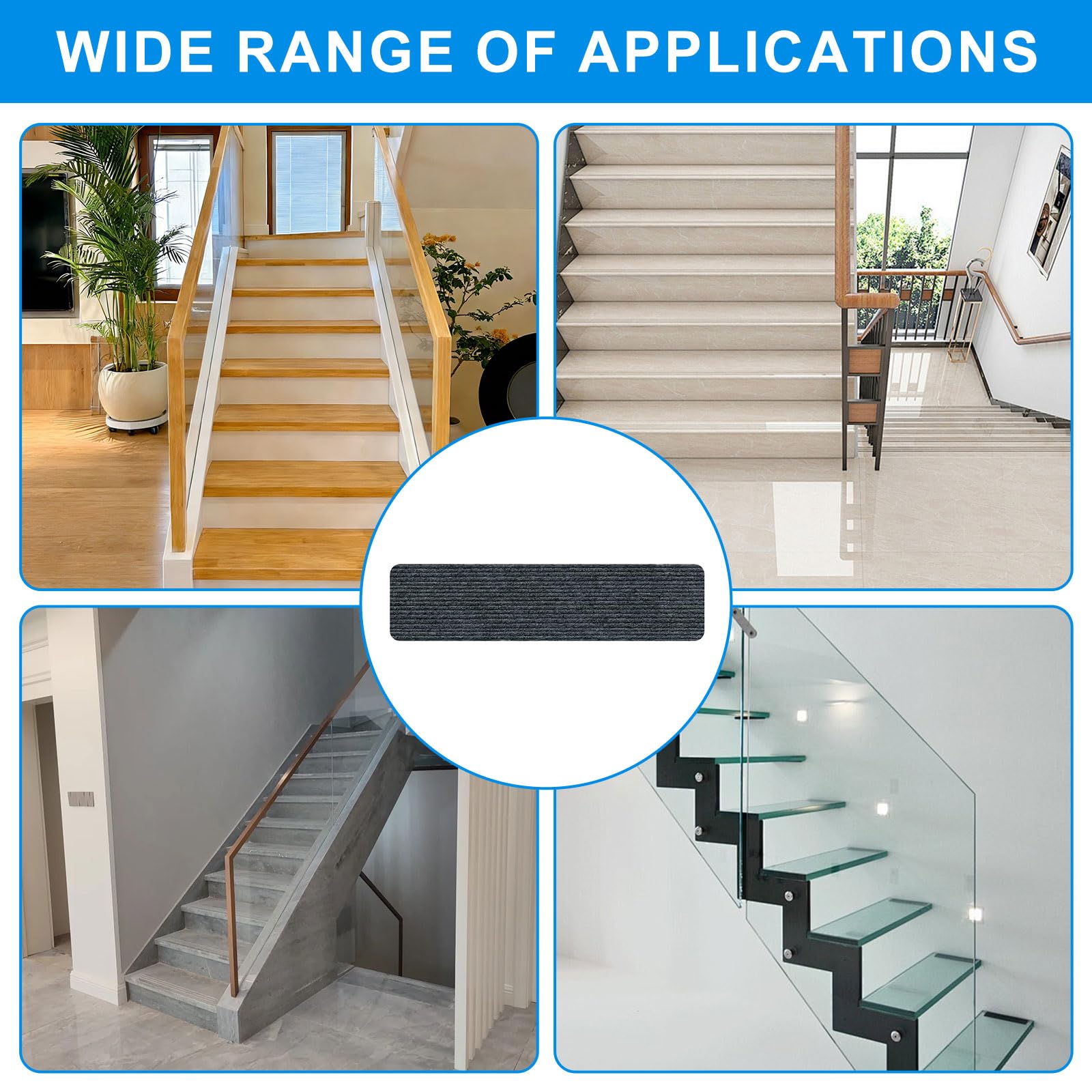15 pièces de tapis pour marches d'escalier, 55x22 cm, tapis d'escalier, gris foncé, résistant à l'eau, rectangulaire, auto-adhésif, antidérapant, pour protéger les animaux de compagnie, les personnes