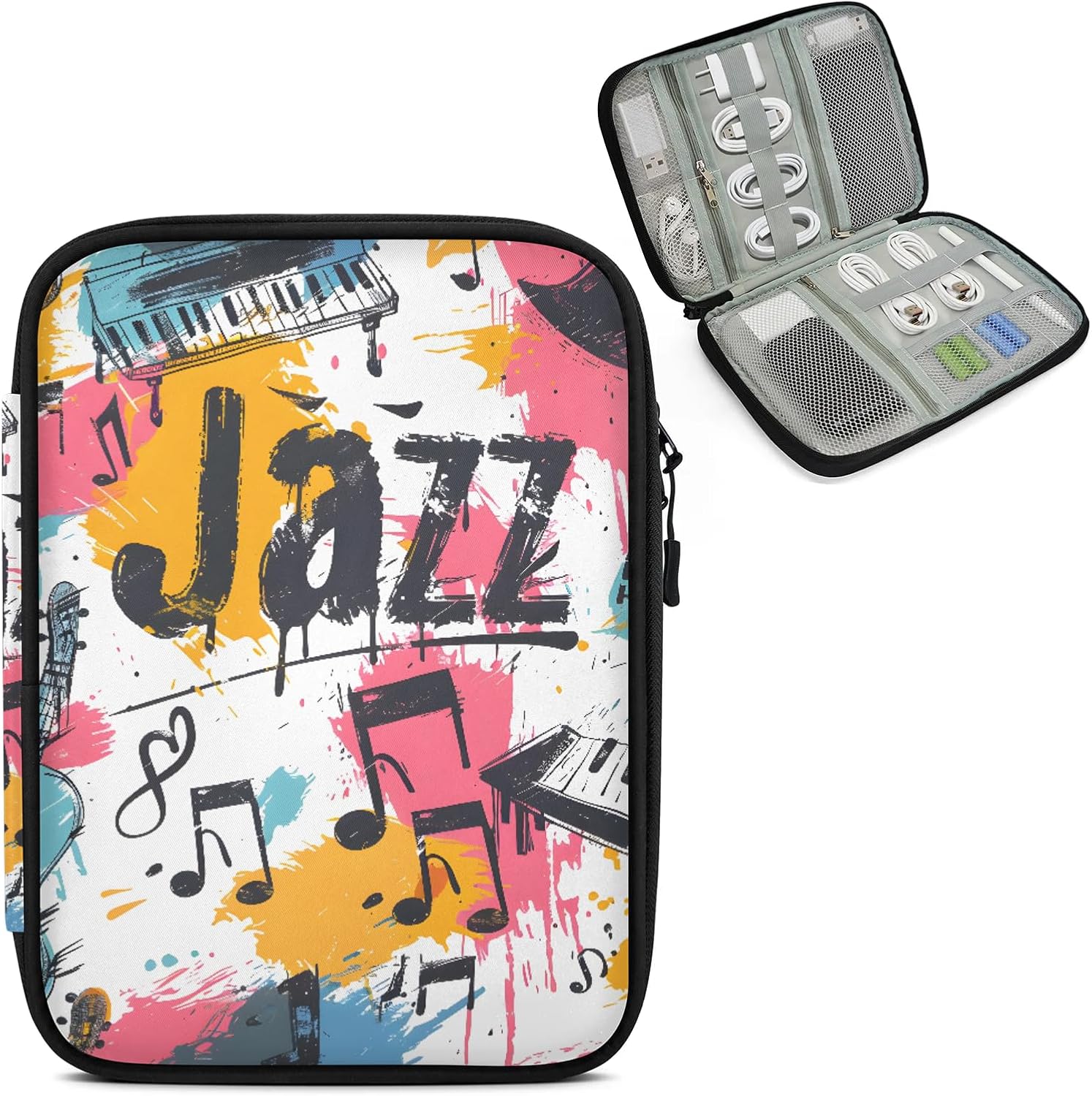 Jazz Music Travel Electronic Organizer Case, Slim Cable Management Bag for Game Console & Accessories, Portable Double Zipper Pouch with Mesh Pockets & Elastic Straps