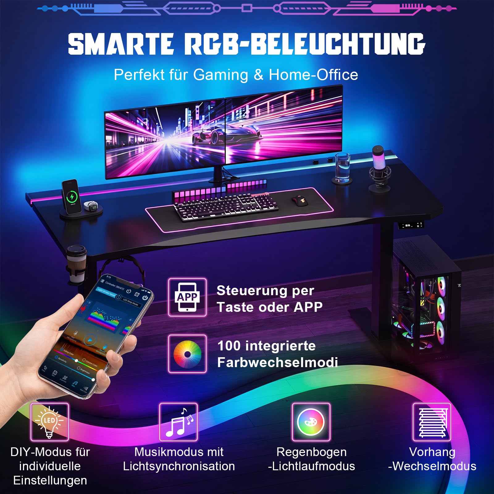 Devoko Höhenverstellbarer Schreibtisch,160x70cm Gaming Schreibtisch mit 20 mm Dicker hautfreundlicher Tischplatte,Dual-Motor Leiser Stehschreibtisch mit LED Lichtleiste & Kabelmanagement
