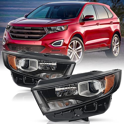 Headlight fit for 2015 2016 2017 2018 Ford Edge Halogen Headlamp Assembly Replacement Black Housing with Amber Reflector Right Passenger Side & Left Driver Side