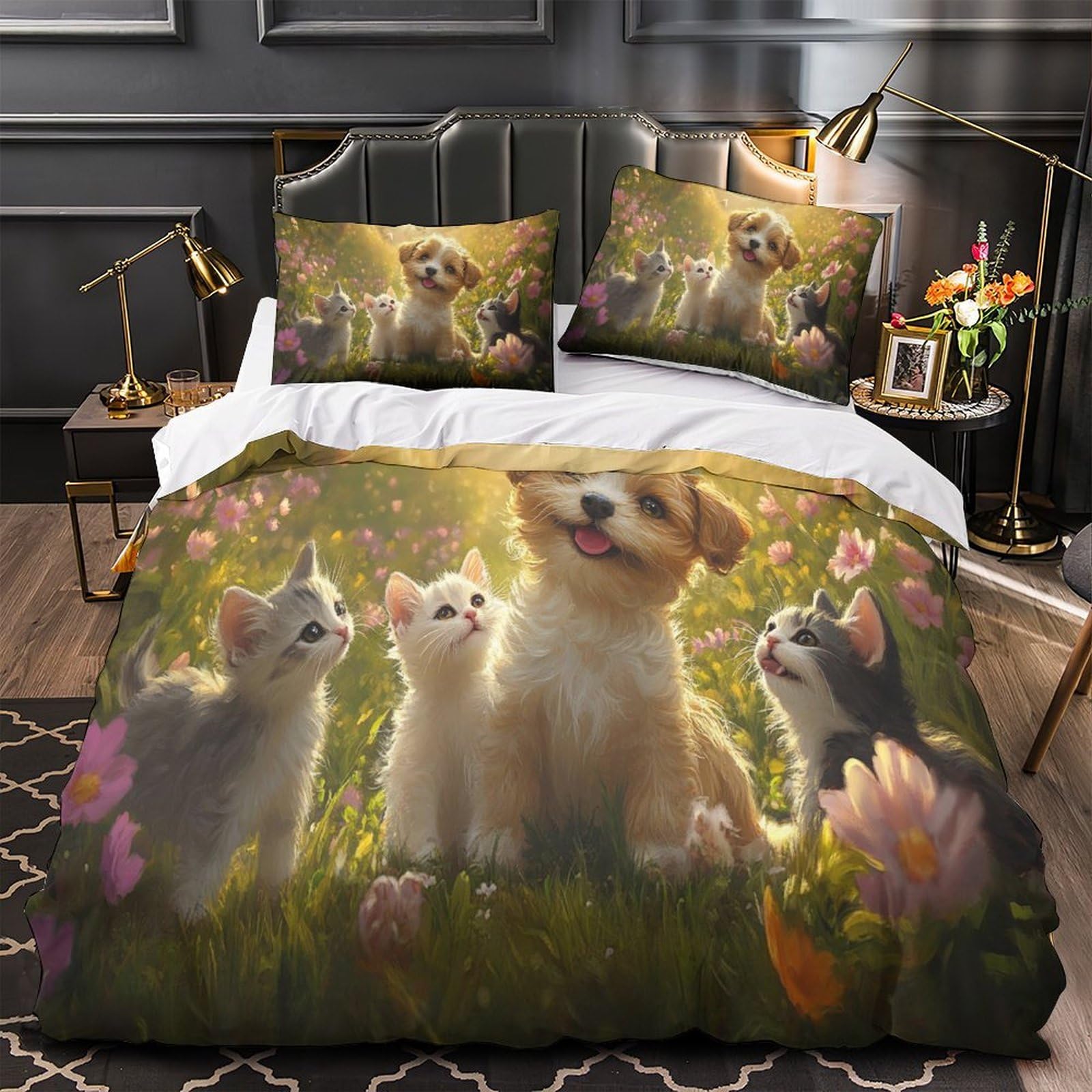 Housse de couette chiot mignon 3D grand lit parure lavable et résistante