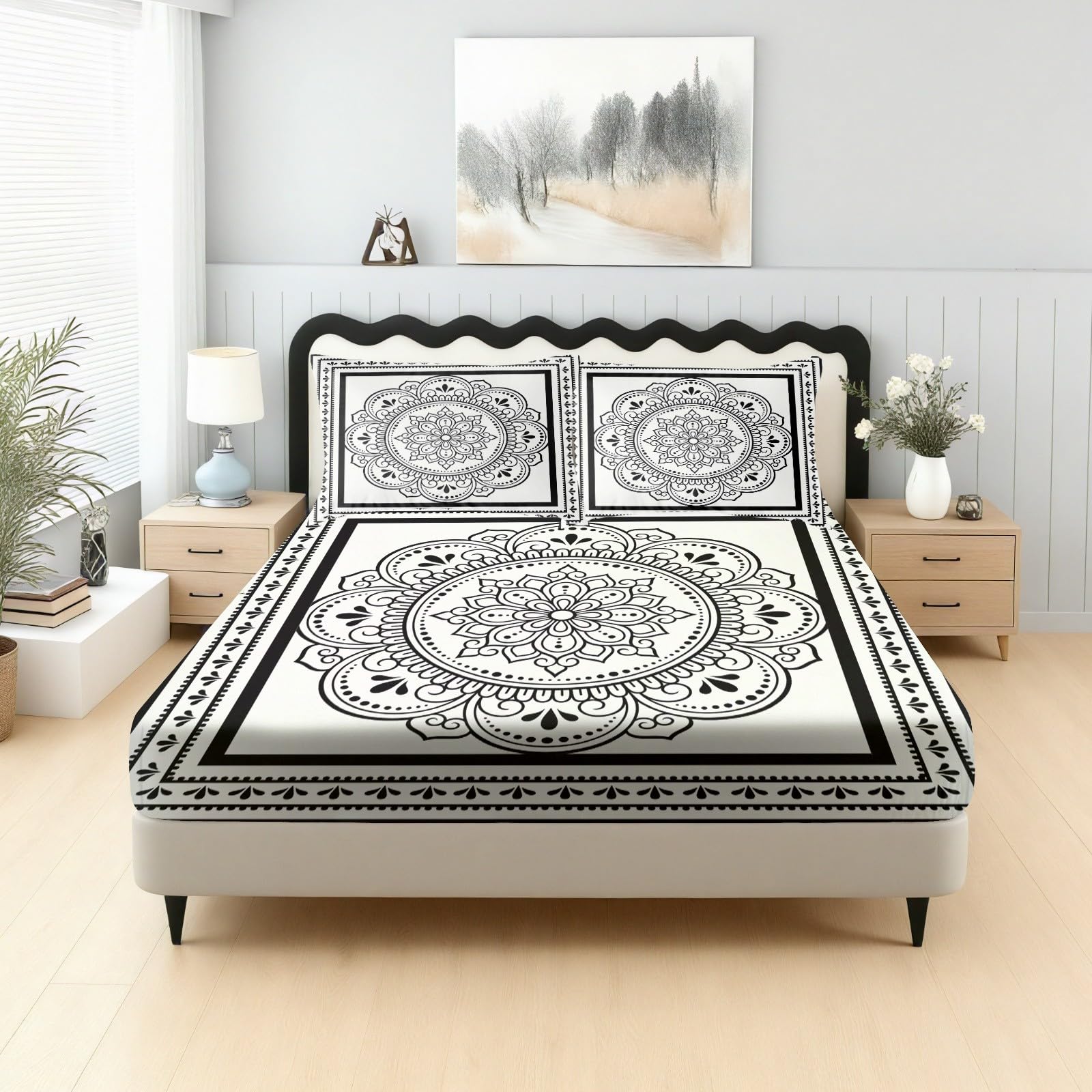 Vintage Boho Spannbettlaken Indisch Mandala Bettlaken Schwarz 140x200cm | Boho 140x200 Weiß Mandala Spannbetttuch Spannleintuch Boxspringbett für Matratzen bis 30 cm Höhe mit 1 Kissenbezüge
