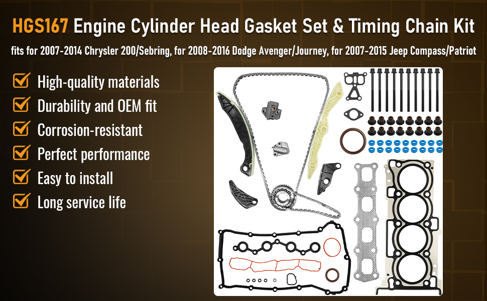 Image of 2.4 Timing Chain Kit Head Gasket Set Bolts Fits Chrysler 200 Sebring 07-14, for J-eep Compass Patriot 07-15, for Dodge Avenger Journey 08-16, Replace HGS167 HGS167 4884868AB
