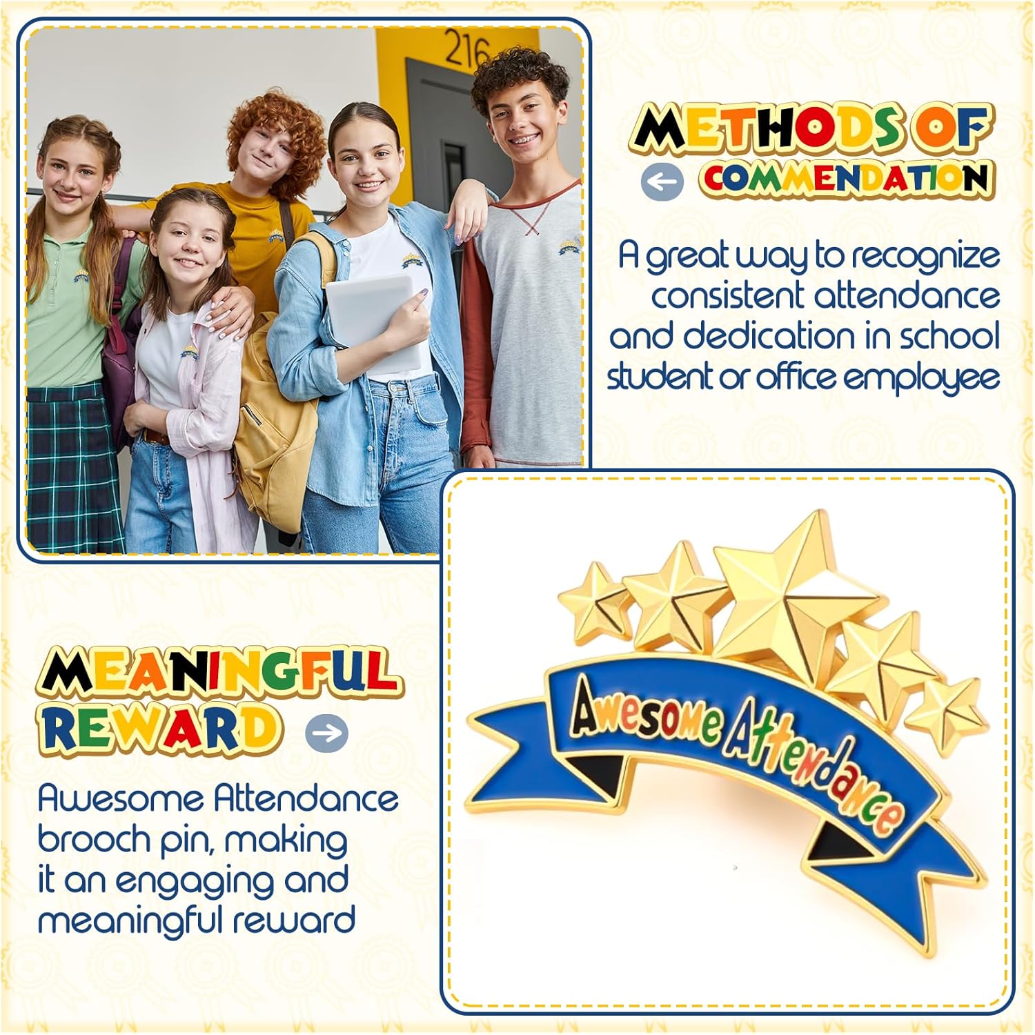 Huquary 100 Pcs Perfect Awesome Attendance Awards Awesome Attendance Star Lapel Pins Related to Attendances Chart Prizes End of School Year Gift for Student from Teacher Graduation Competition Event
