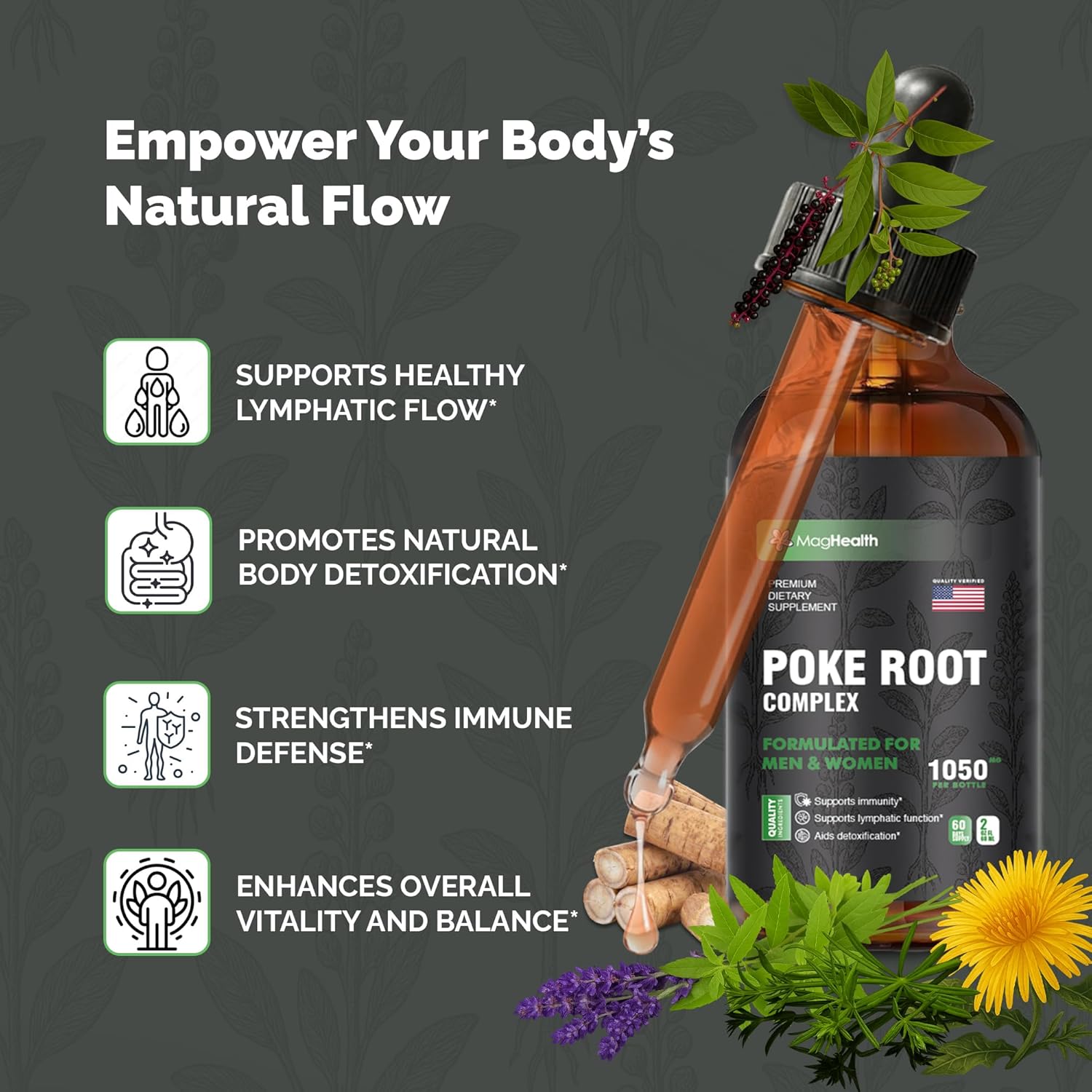 Poke Root Complex Drops 6-in-1 Tincture | 3rd Party Tested Immune & Lymphatic System Support Liquid | Cleavers, Dandelion, Elderberry, Burdock & Blue Vervain | 2 oz (60 Servings) - Image 6