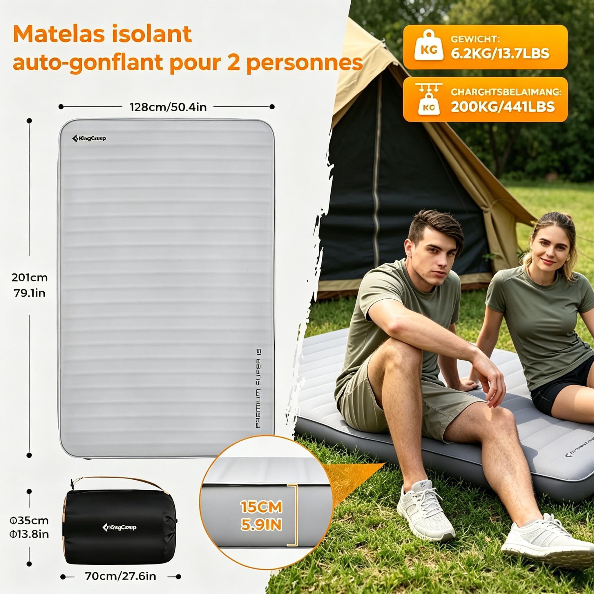 KingCamp Luxe Matelas de Camping Autogonflant Épaisseur 15cm pour 2 Personnes Matelas de Couchage Autogonflant Ultraléger 3D Conception Coussin de Couchage pour Camping Randonnée Voyage Tente Maison