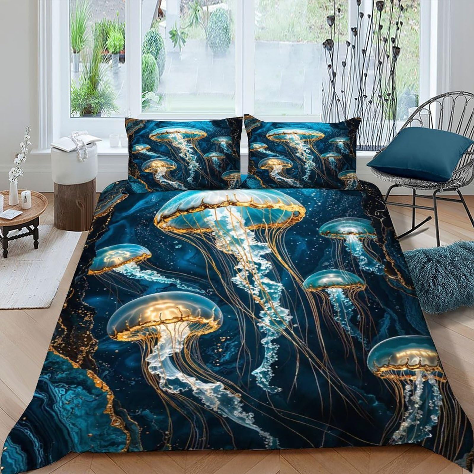Housse de couette méduse bleue 220x240 cm parure de lit 3 pièces imprimé animal microfbre king
