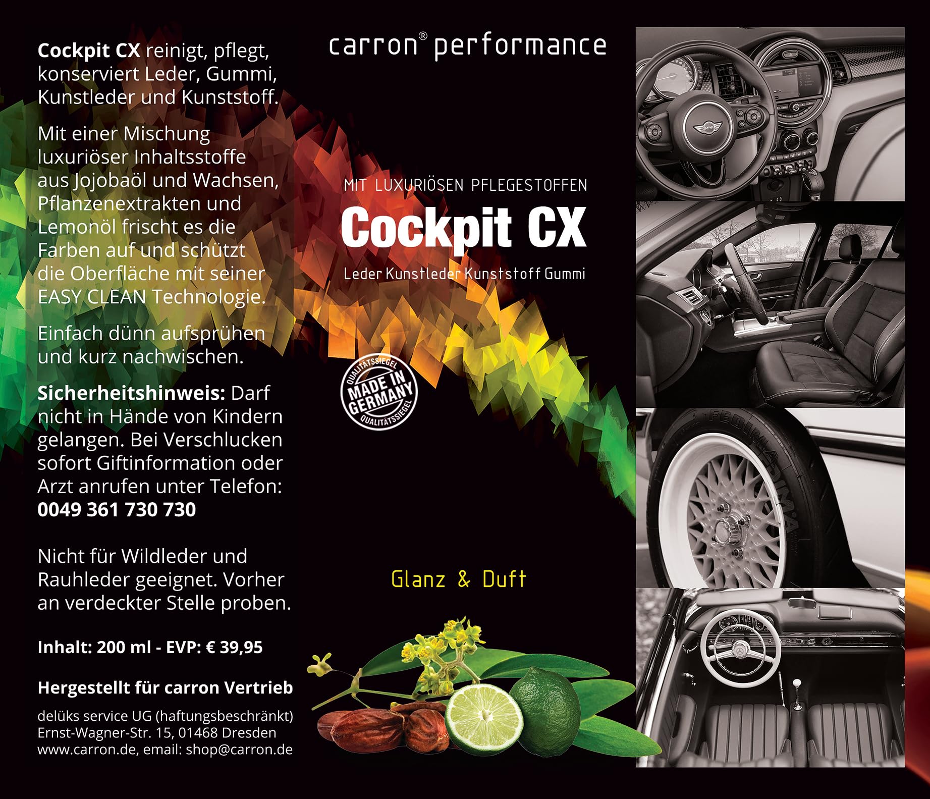 carron Cockpit CX Spray do czyszczenia i pielęgnacji skóry, sztucznej skóry, tworzyw sztucznych i gumy z olejem jojoba, olejem cytrynowym i woskiem carnauba (oryginalny)