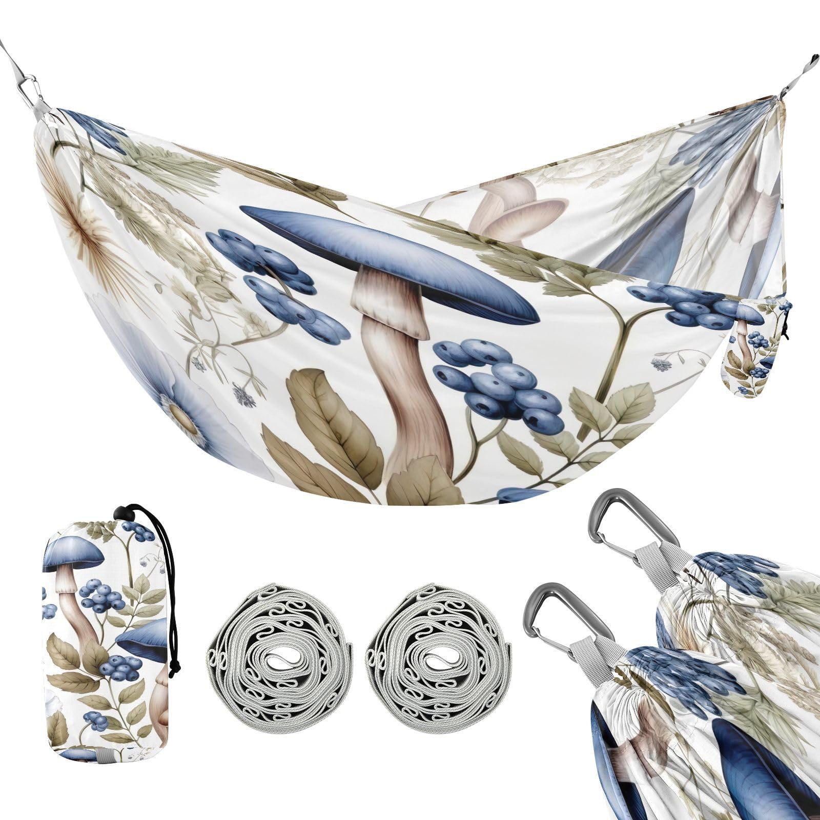 Kigai Mushroom Blueberry Camping Hammock Durable & Portable Travel Hammock Holds 330lbs with Tree Strapsm, Pocket, Camping Accessories