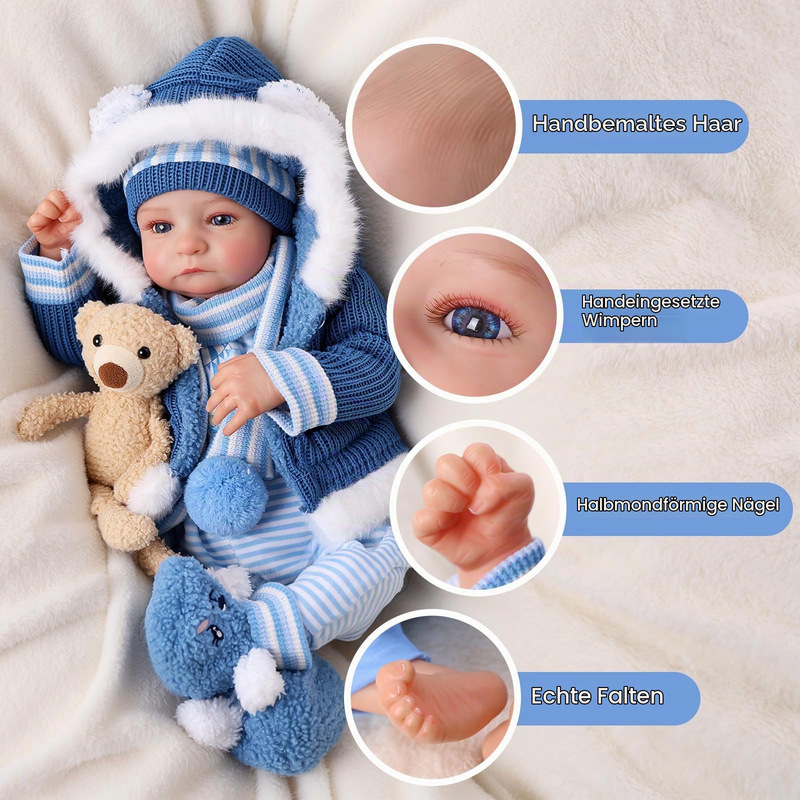BABESIDE Lebensechte Reborn-Babypuppe Junge 43 cm (17 Zoll) Realistisches Babygefühl Weicher Vinylkörper Lebensechte Babypuppe mit Spielzeug und Geschenkbox