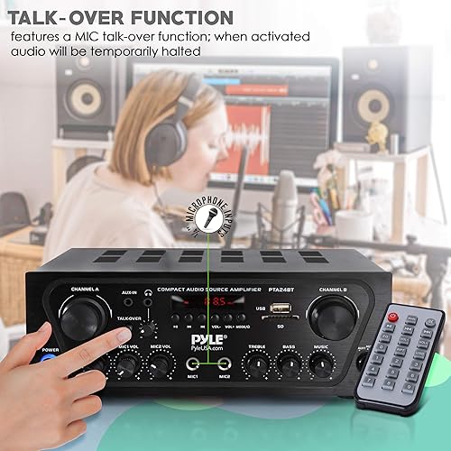 Miniatura 4 de Pyle - Amplificador de potencia de sonido doméstico para karaoke mejorado con entrada auxiliar, bluetooth, USB, 2 entrada de micrófono con eco,