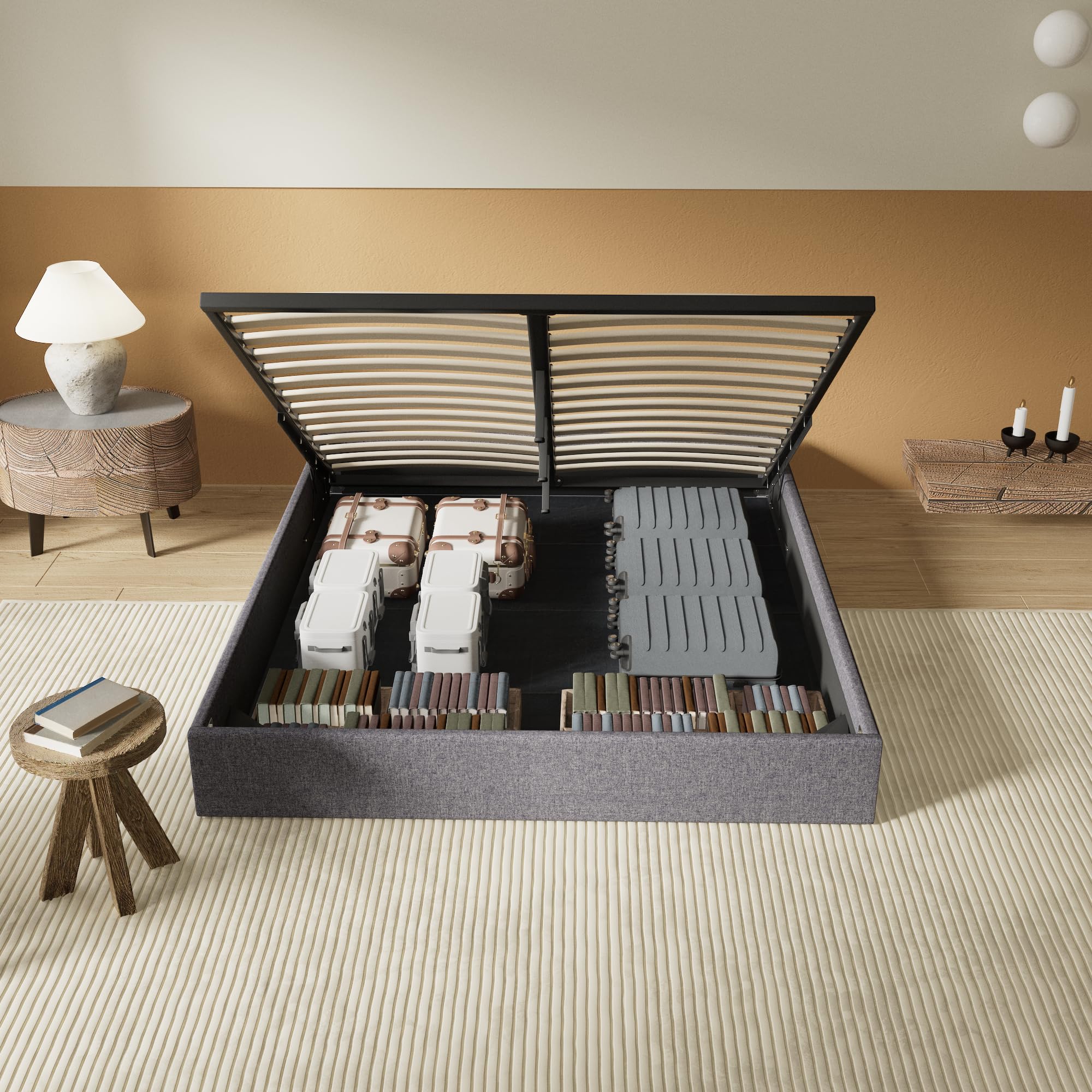 NOVEMBER Letto Contenitore 120 x 190 cm, Rete a Doghe in Legno Flessibile, Struttura in Tessuto Grigio, Stabile e Robusto. Ampio Spazio di Stoccaggio sotto il letto.