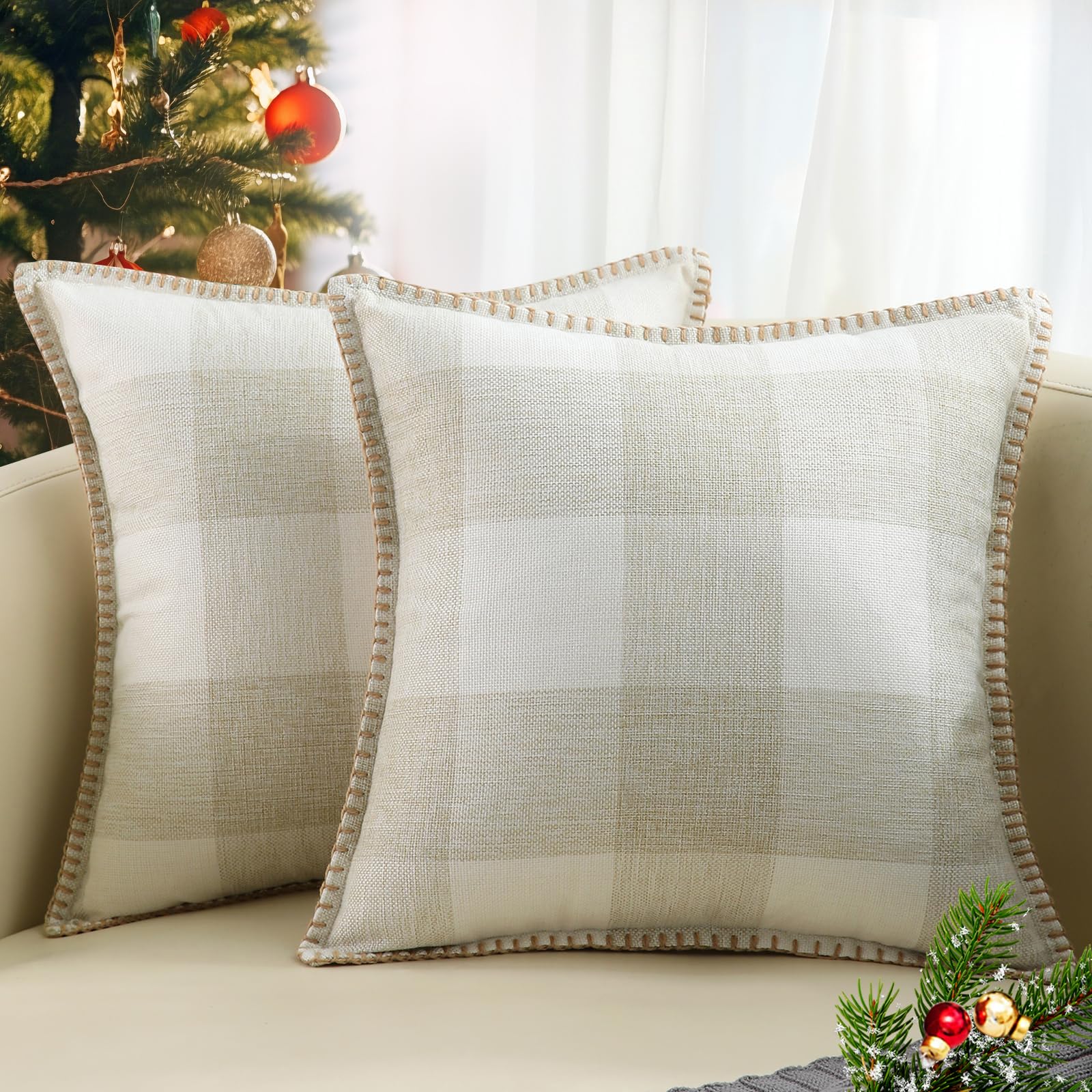 decorUhome Christmas Farmhouse Buffalo Plaid Check Throw Pillow Covers 20x20 Set of 2, Outdoor Decorative Pillow Covers with Stitched Edge for Bed Couch Sofa, Cream White and Beige