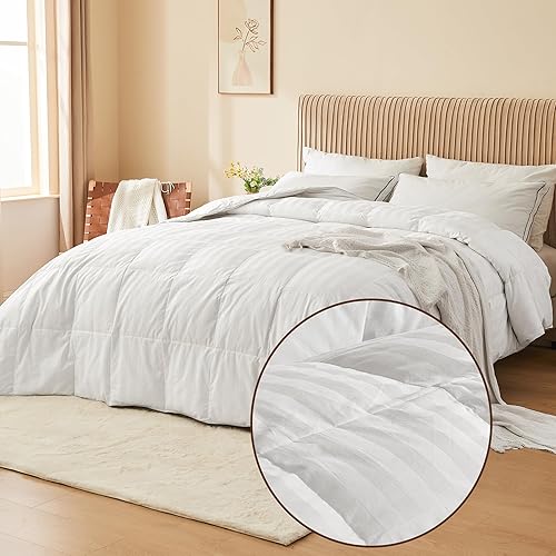 puredown Goose Feather Down Comforter Full/Queen Size - All Season Duvet Insert Ultra Fluffy Soft 100% Cotton Shell Cover, Hotel Collection Comforters 500 Thread with Ties(Stripe White, 90x90'')