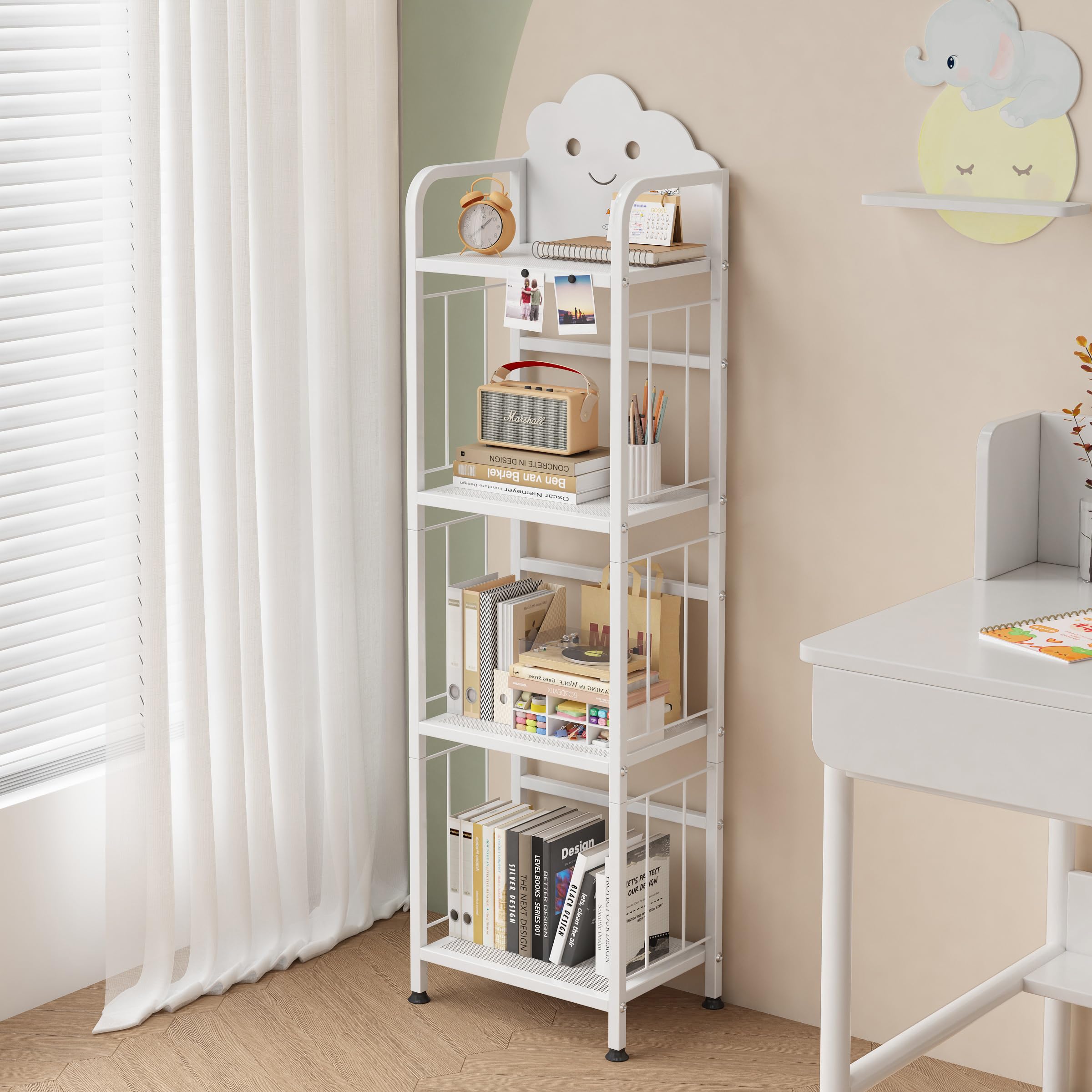 Cute Metal Kinderregal, 4 Etagen Bücherregal Aufbewahrungsregal für Kinder, Standregal mit Magnetische Buchstützen, Büro Arbeitszimmer, Kinderzimmer (Weiß)