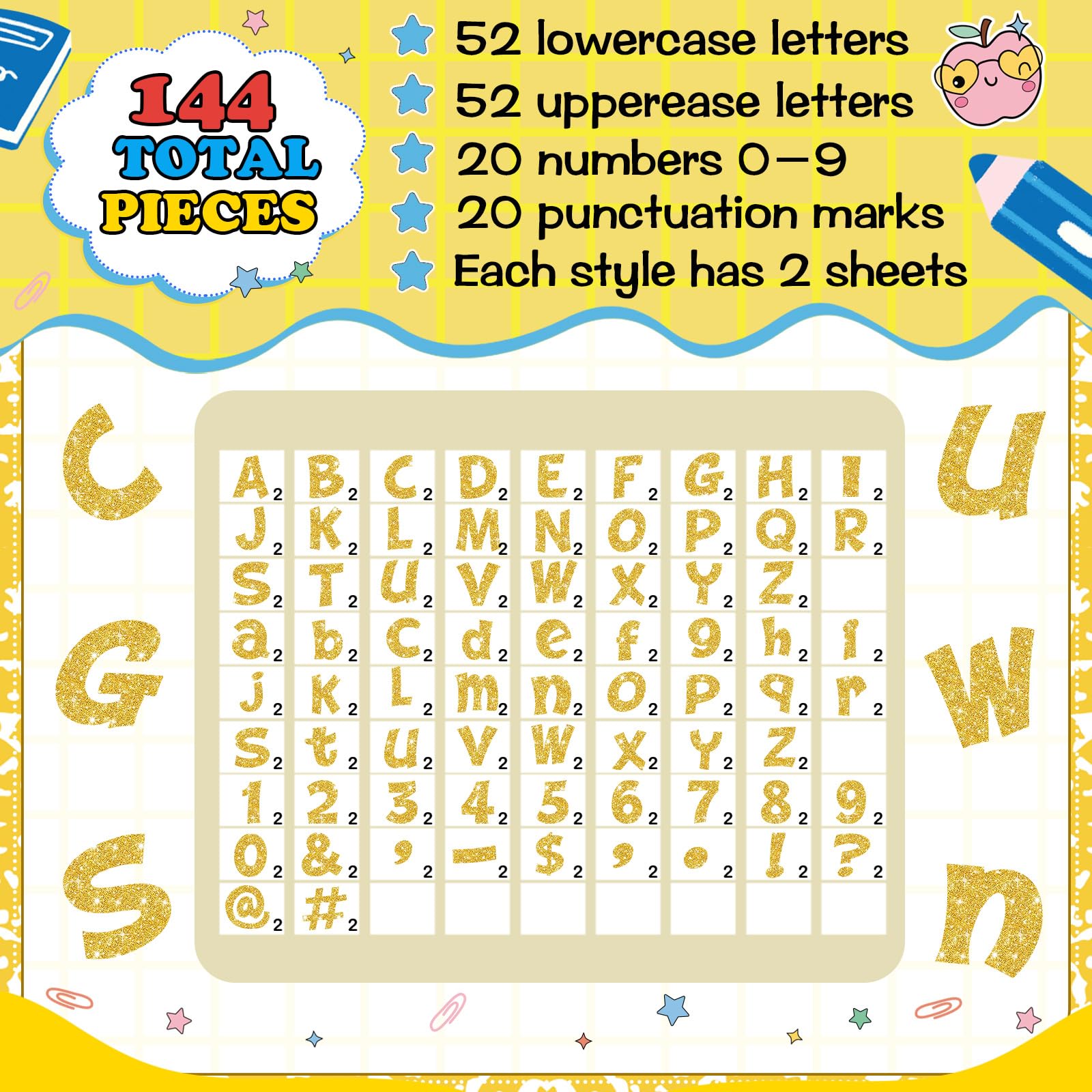 Colarr 144 letras con purpurina para tablón de anuncios para el aula, número del alfabeto, símbolo de puntuación, recortado, 4 pulgadas, letras troqueladas con puntos adhesivos, decoración de fiestas
