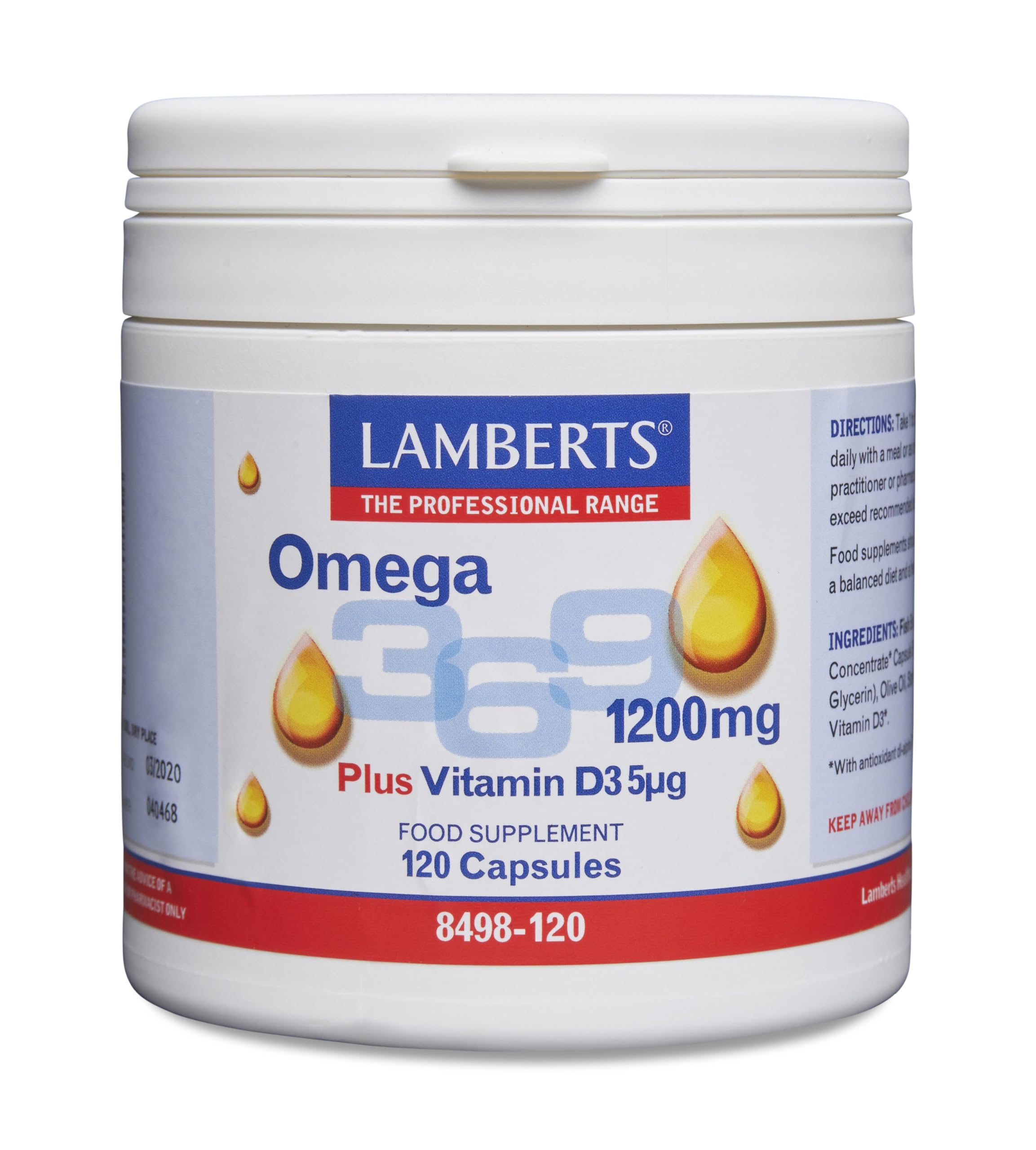 Lamberts Omega 3-6-9 1200 mg + Vitamina D3 | EPA, DHA, GLA y Ácido Oleico | Corazón, Sistema Inmunitario y Bienestar General | 120 Cápsulas | 60 Días | Calidad Farmacéutica GMP