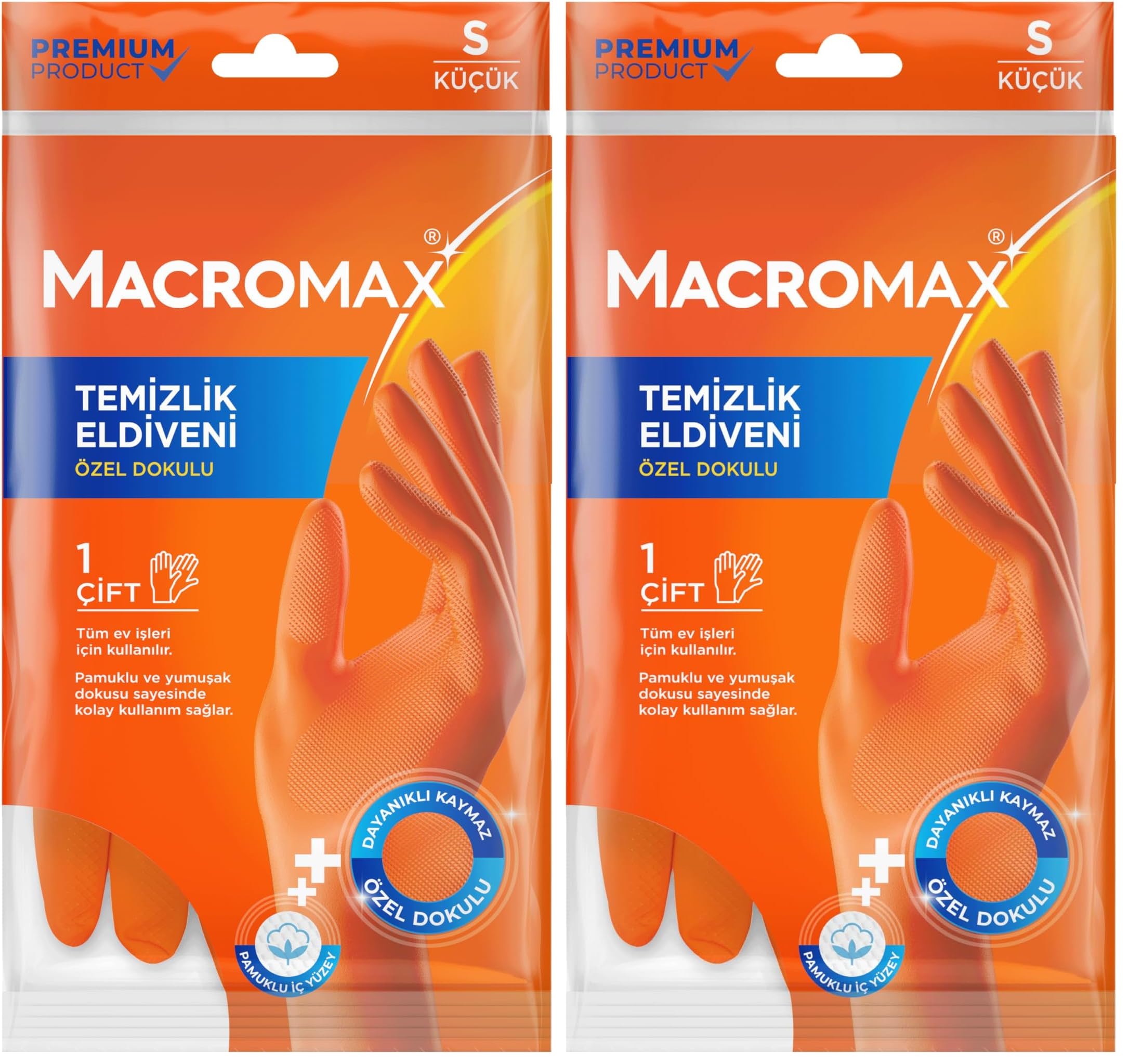 Macromax Küçük Boy Small Beden Temizlik Eldiveni Pamuklu İç Yüzeyli, Kaydırmaz Desenli 2li paket