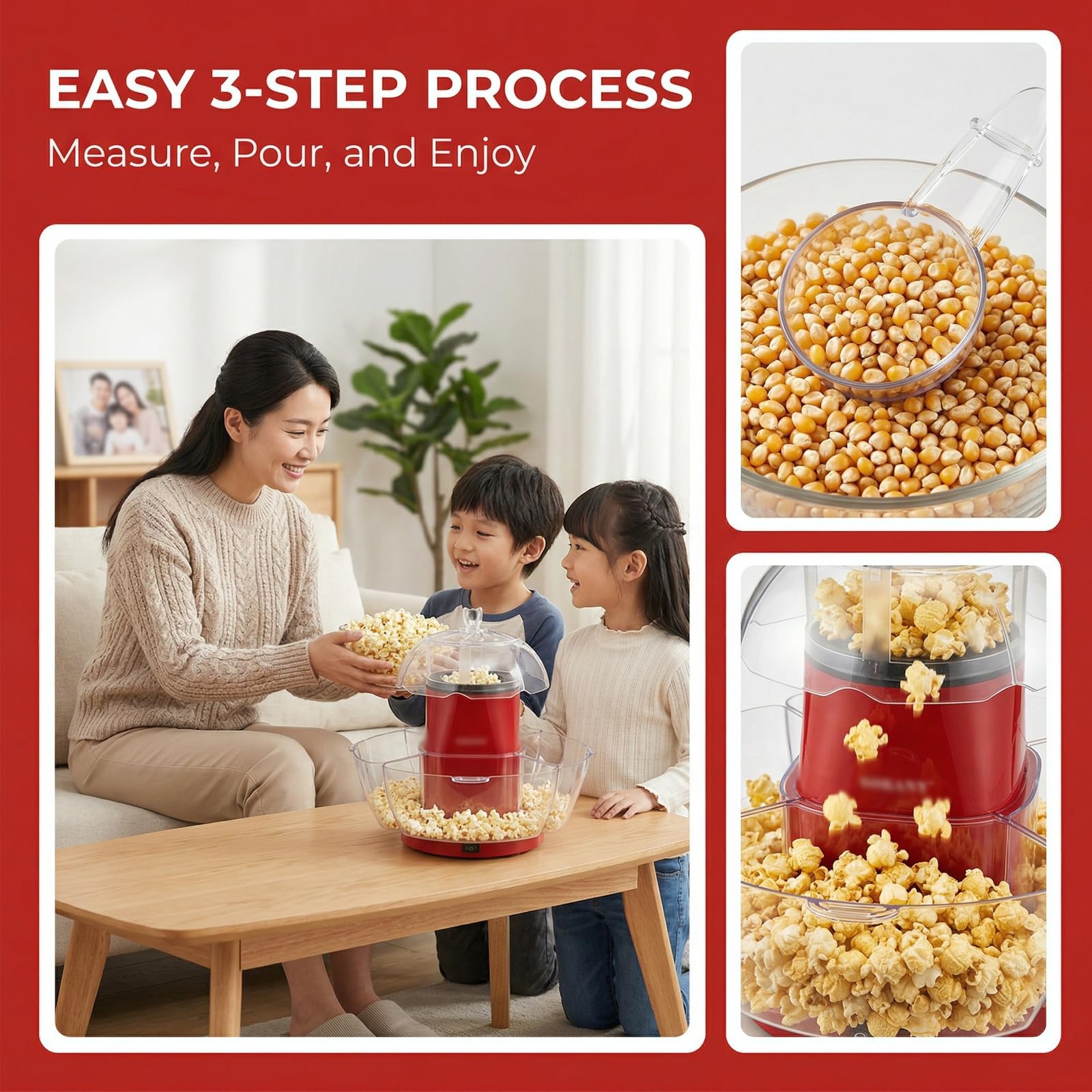 Máquina para hacer palomitas de maíz con interruptor de encendido/apagado, producción rápida de 2 minutos, cuenco extraíble para servir, gran capacidad para el hogar, fiestas y noches de cine